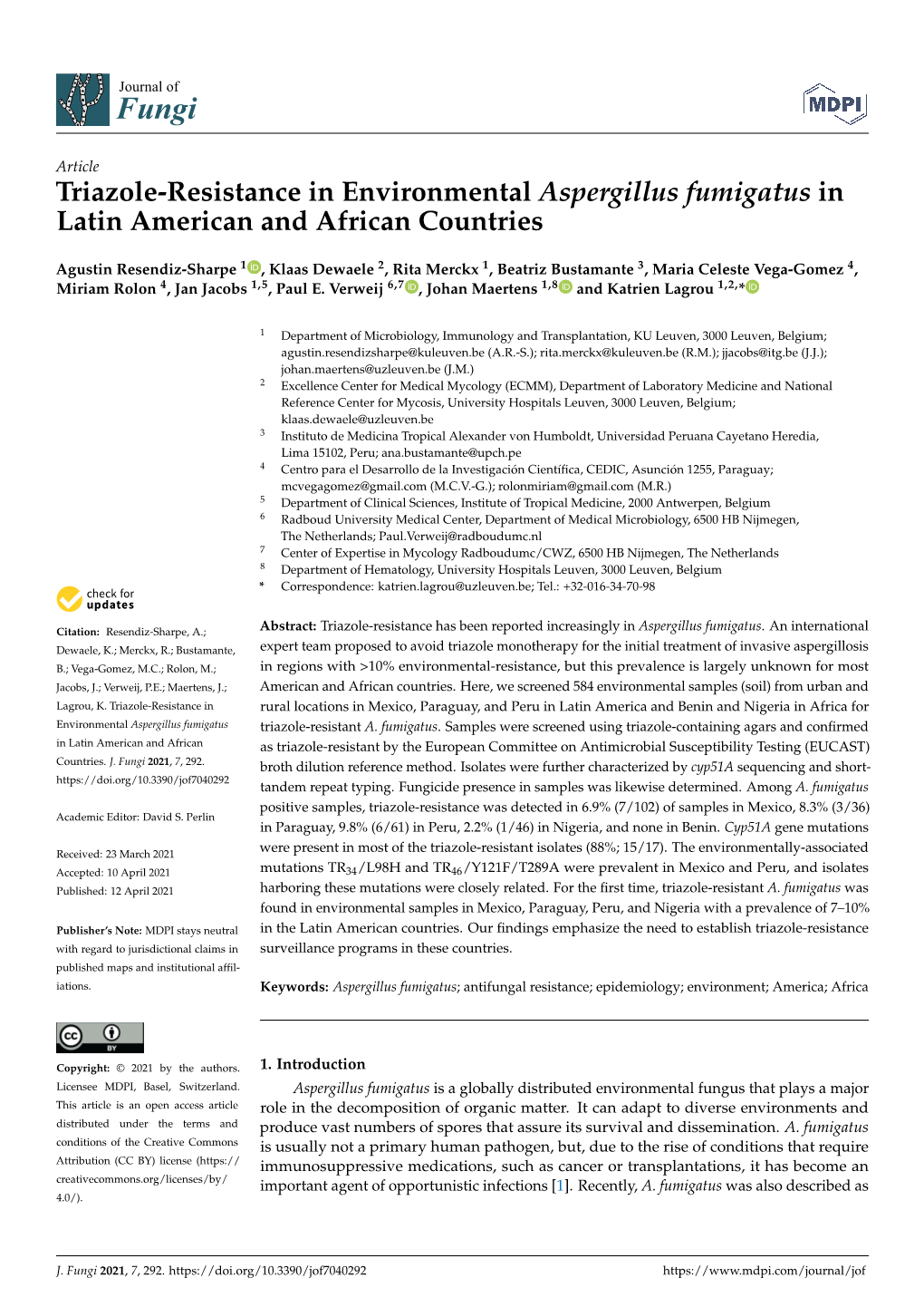 Triazole-Resistance in Environmental Aspergillus Fumigatus in Latin American and African Countries