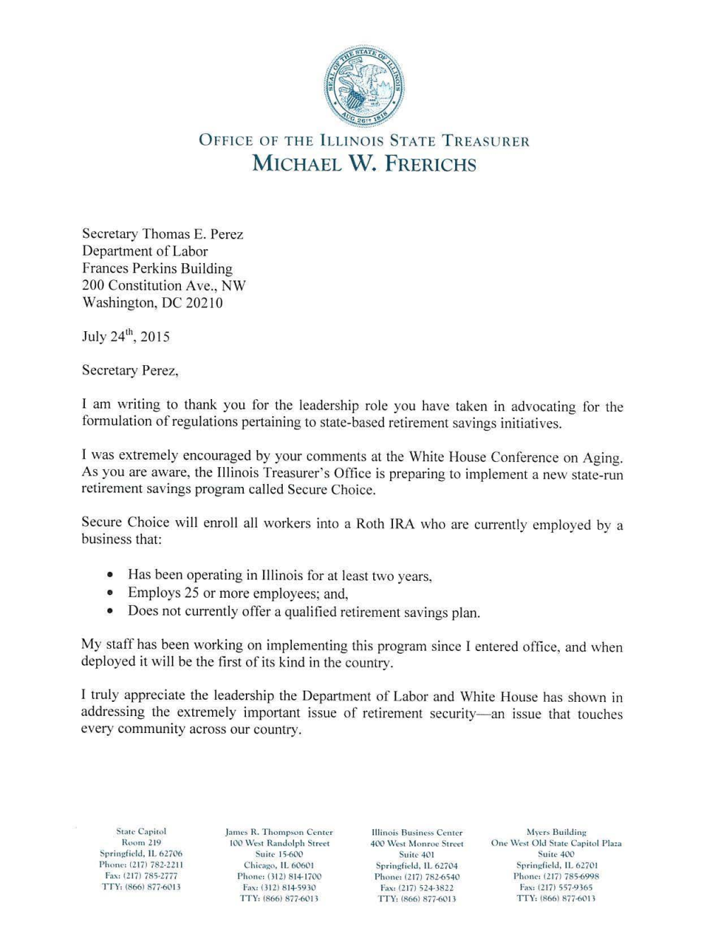 Illinois State Treasurer Thomas Perez Letter