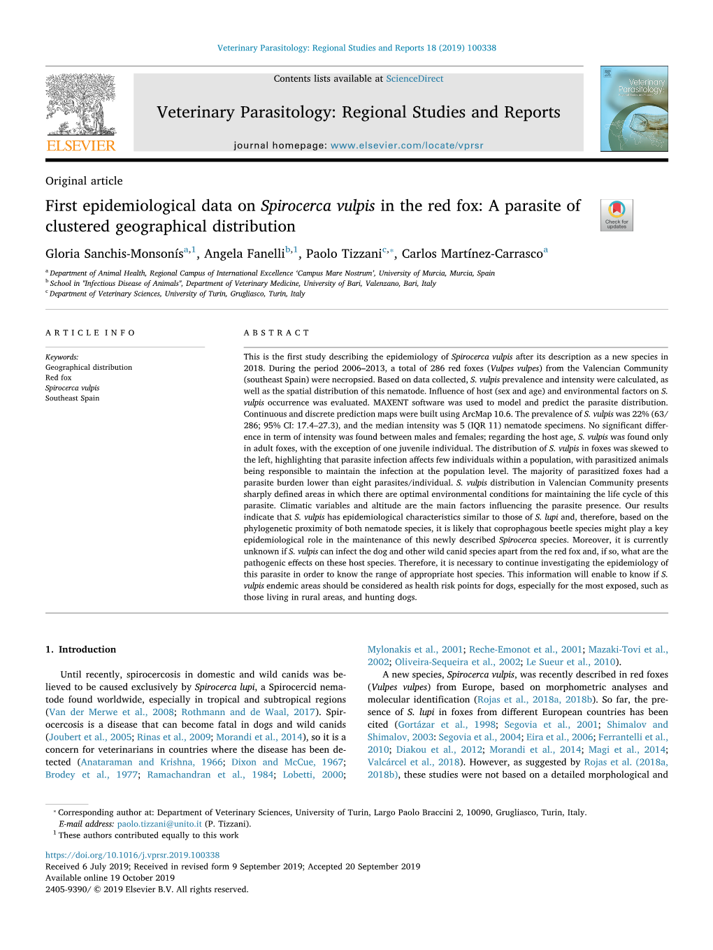 First Epidemiological Data on Spirocerca Vulpis in the Red Fox A