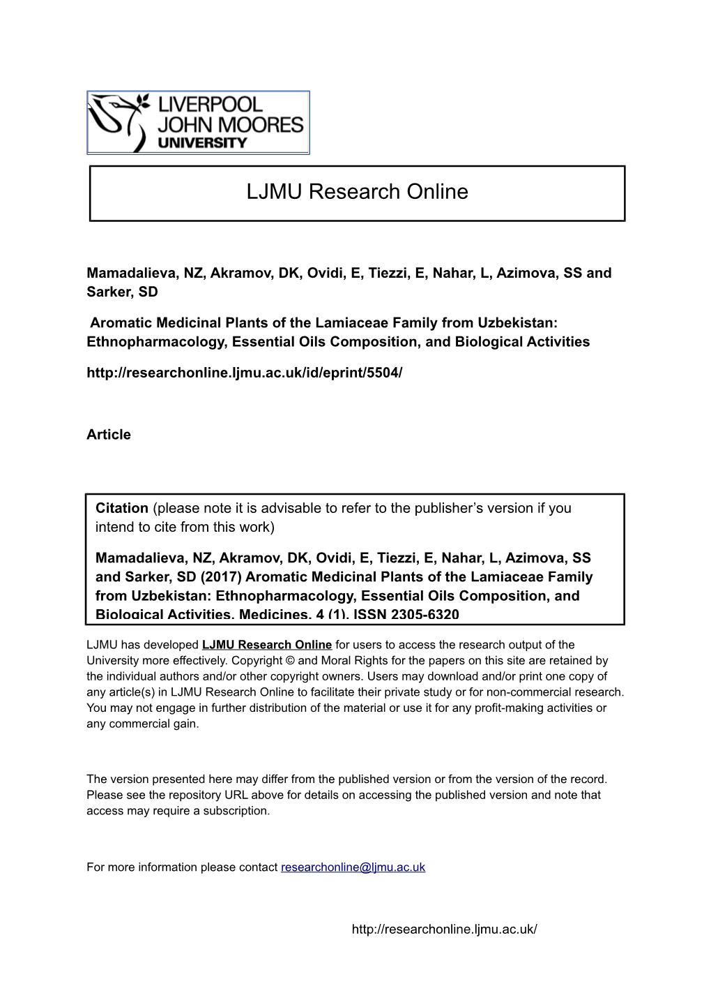 Aromatic Medicinal Plants of the Lamiaceae Family from Uzbekistan