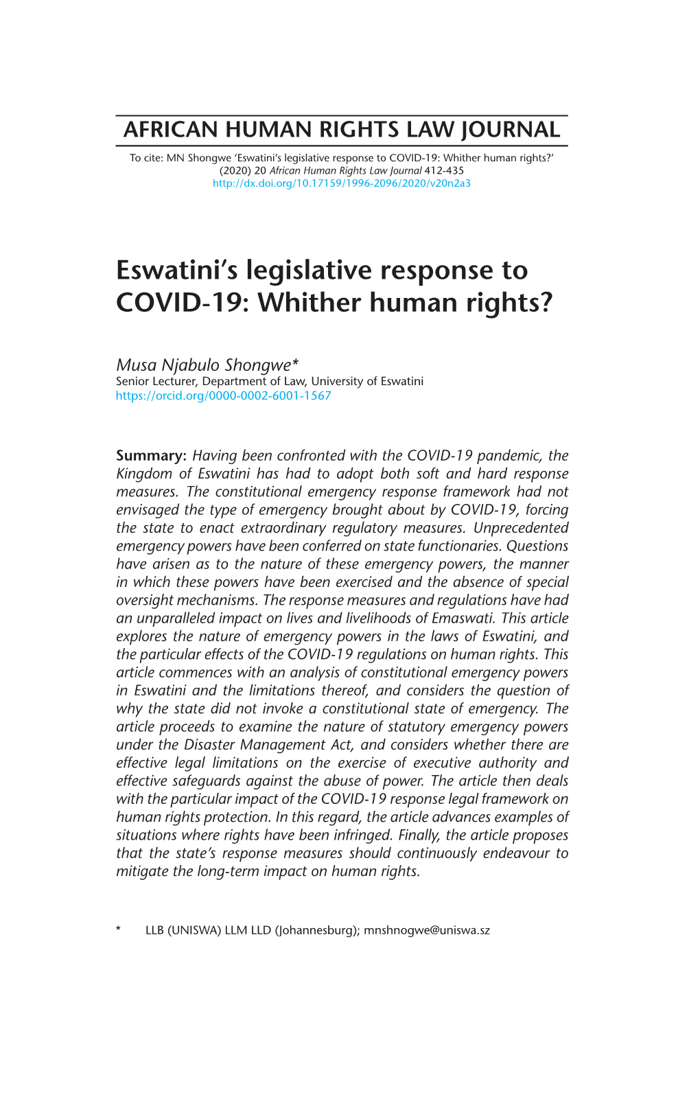 Eswatini's Legislative Response to COVID-19