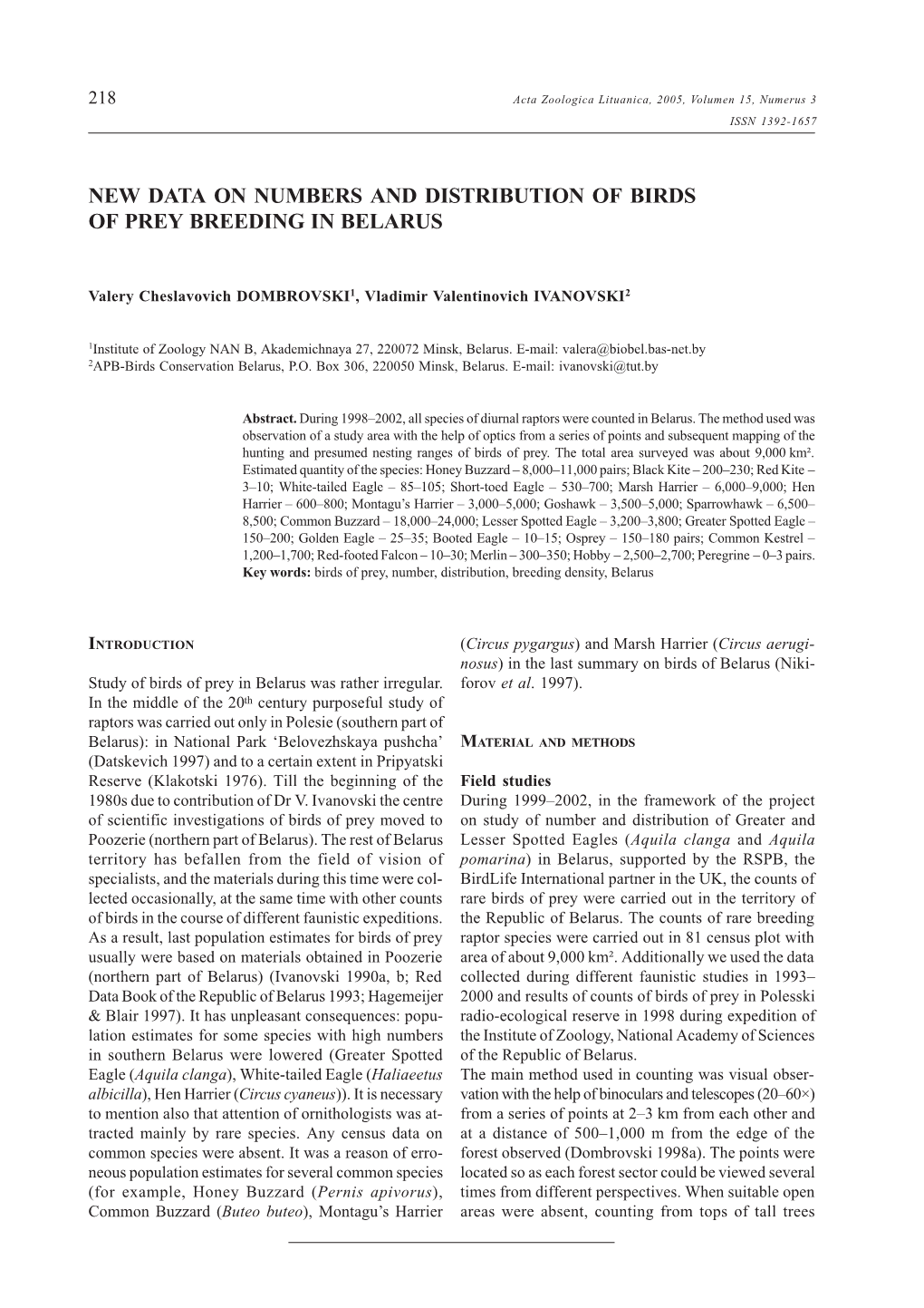 New Data on Numbers and Distribution of Birds of Prey Breeding in Belarus