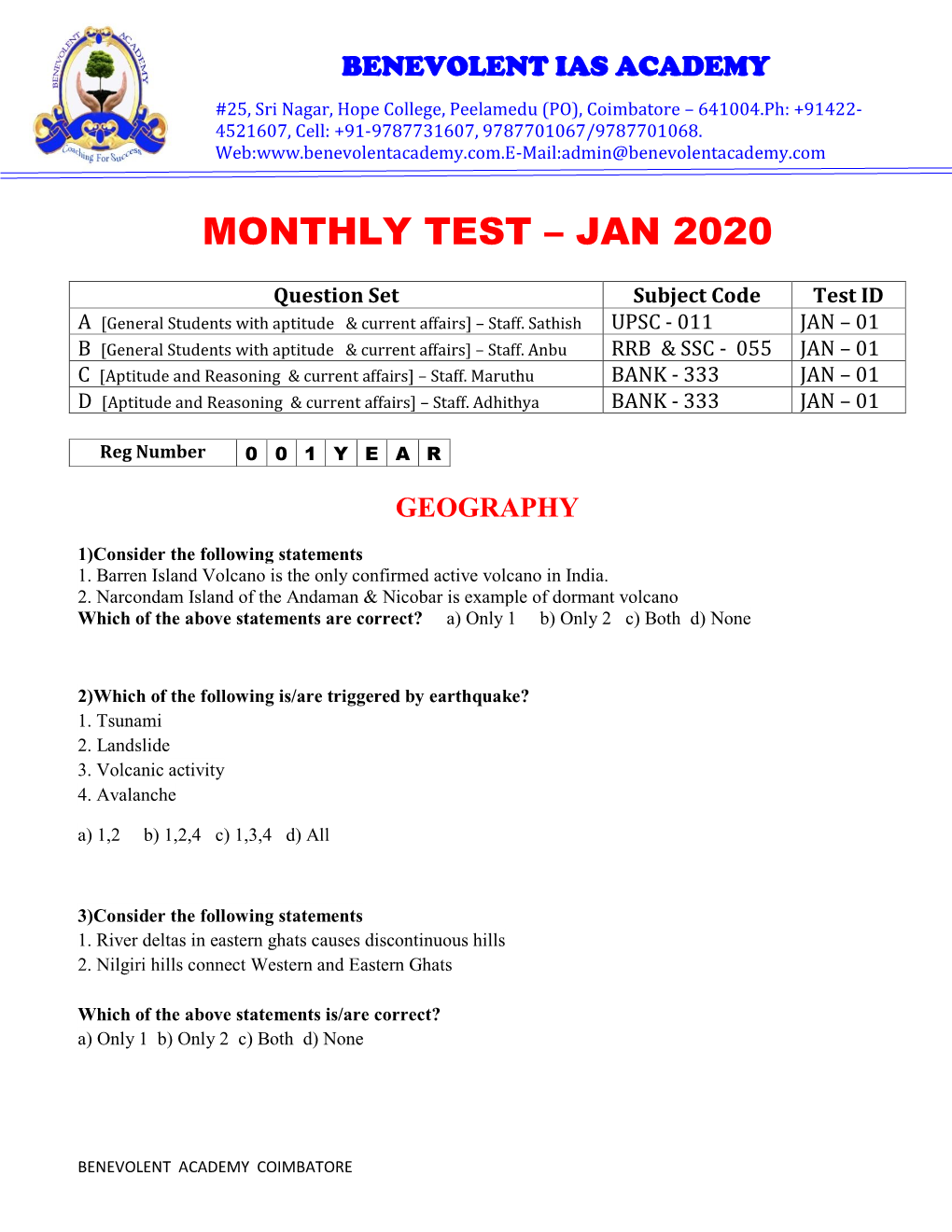 Monthly Test – Jan 2020
