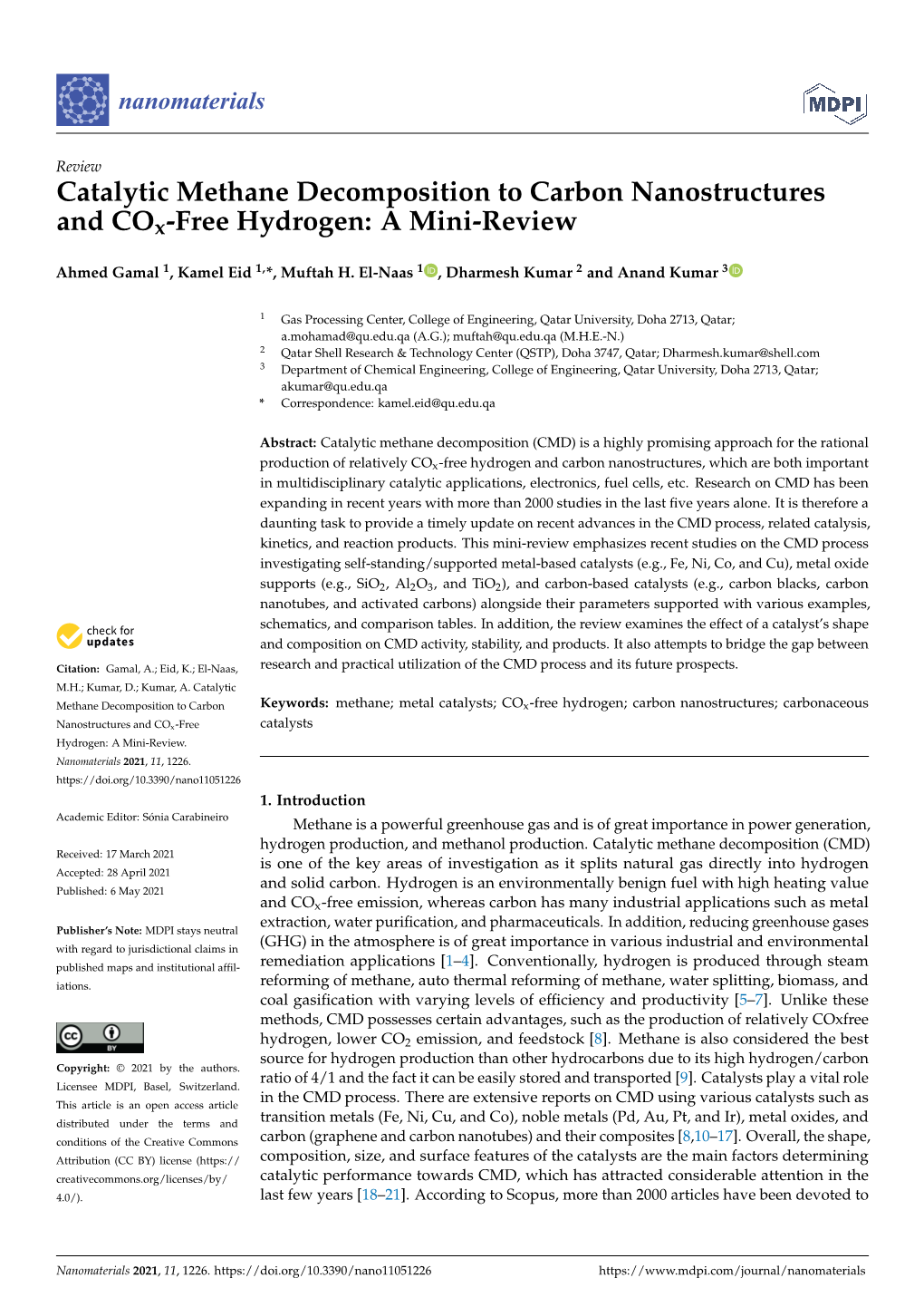 Catalytic Methane Decomposition to Carbon Nanostructures and Cox-Free Hydrogen: a Mini-Review