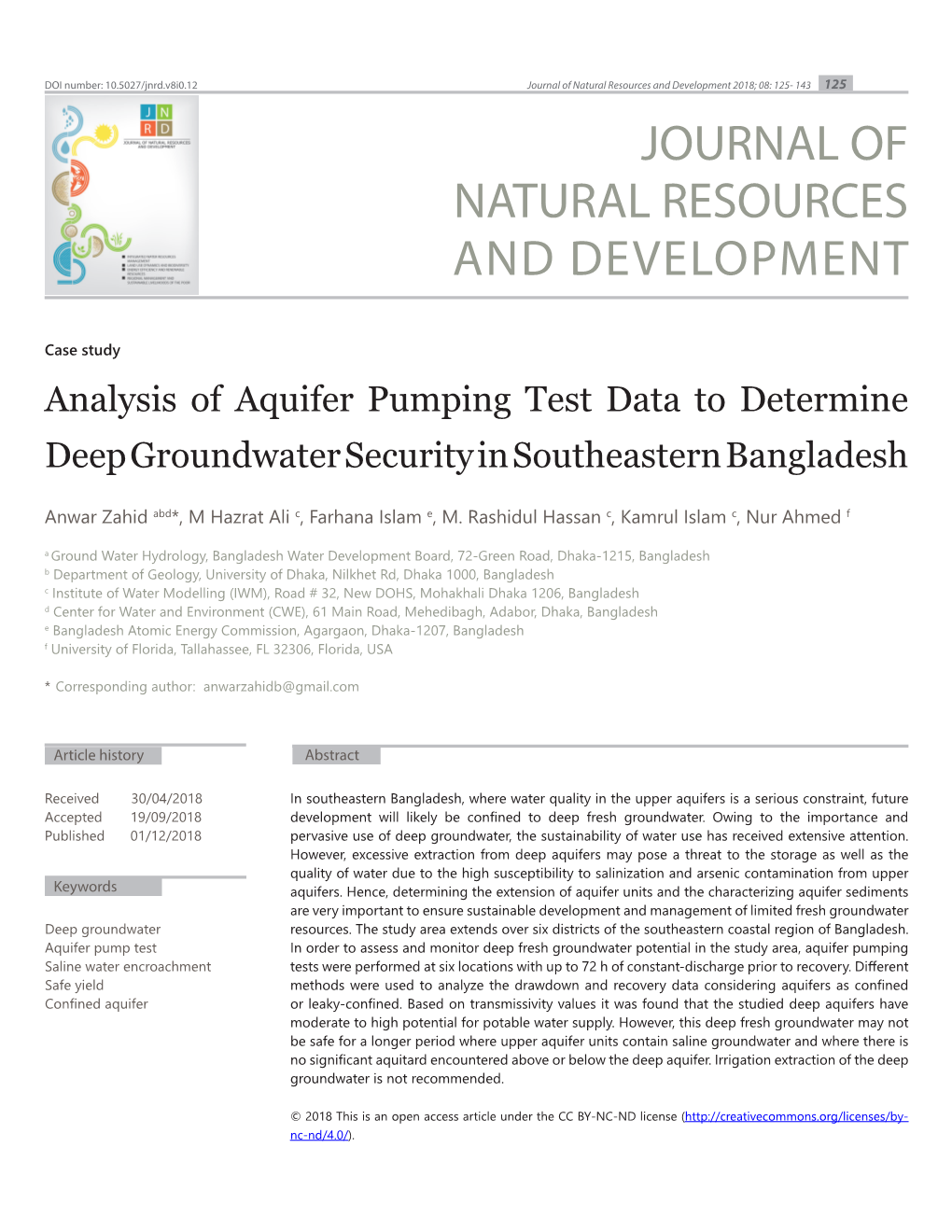 Analysis of Aquifer Pumping Test Data to Determine Deep Groundwater Security in Southeastern Bangladesh