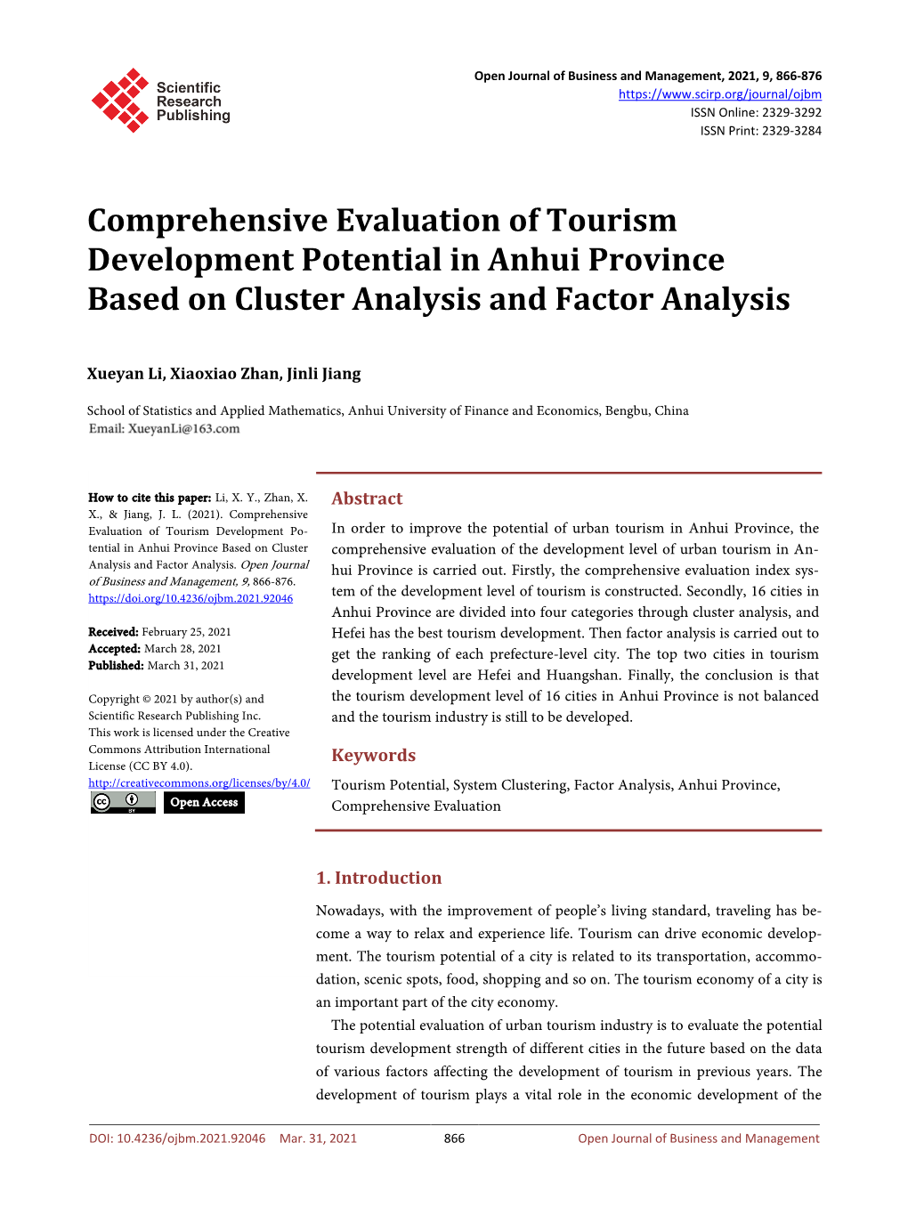 Comprehensive Evaluation of Tourism Development Potential in Anhui Province Based on Cluster Analysis and Factor Analysis