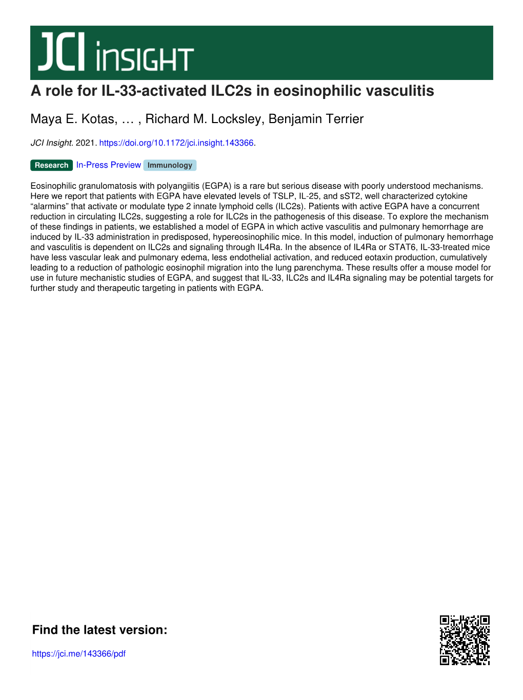 A Role for IL-33-Activated Ilc2s in Eosinophilic Vasculitis