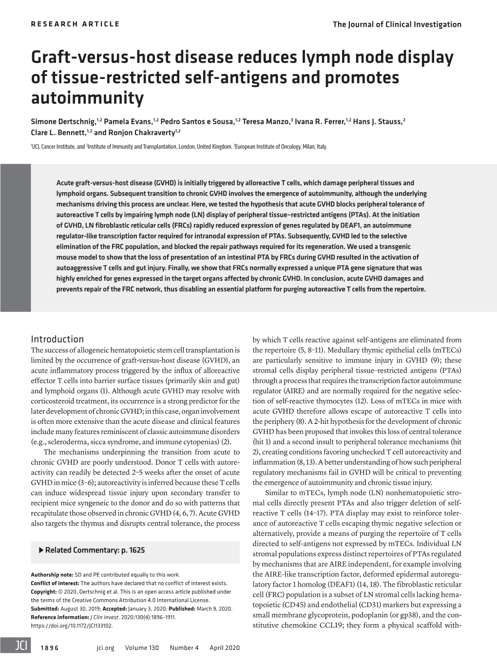 Graft-Versus-Host Disease Reduces Lymph Node Display of Tissue-Restricted Self-Antigens and Promotes Autoimmunity