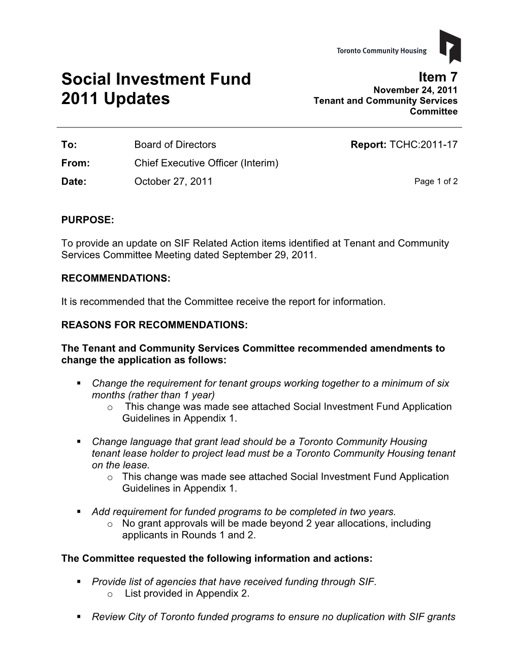 Social Investment Fund 2011 Updates Report: TCHC:2011-17 Page 2 of 2