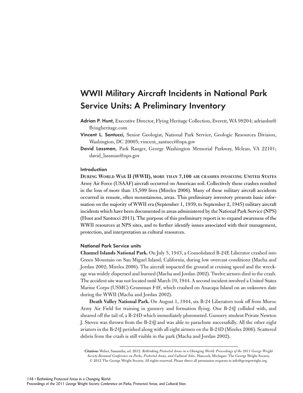 WWII Military Aircraft Incidents in National Park Service Units: a Preliminary Inventory
