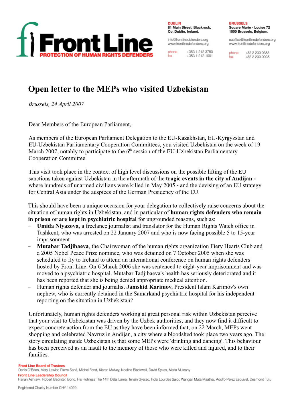 Open Letter to the Meps Who Visited Uzbekistan