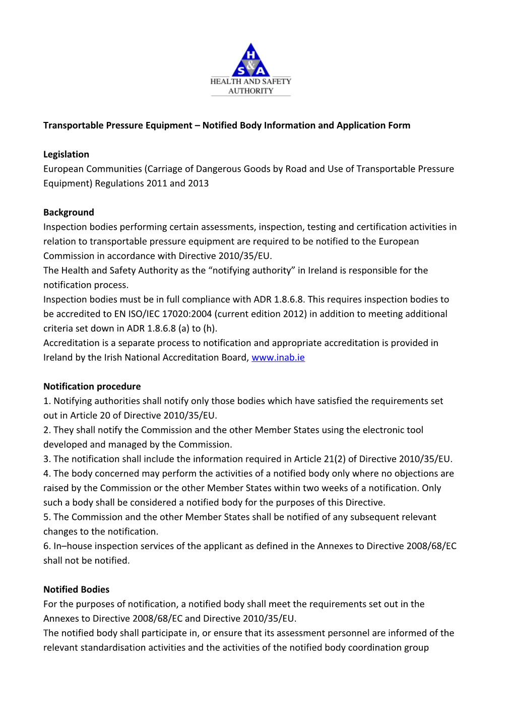 Notified Inspection Body Process and Application Form