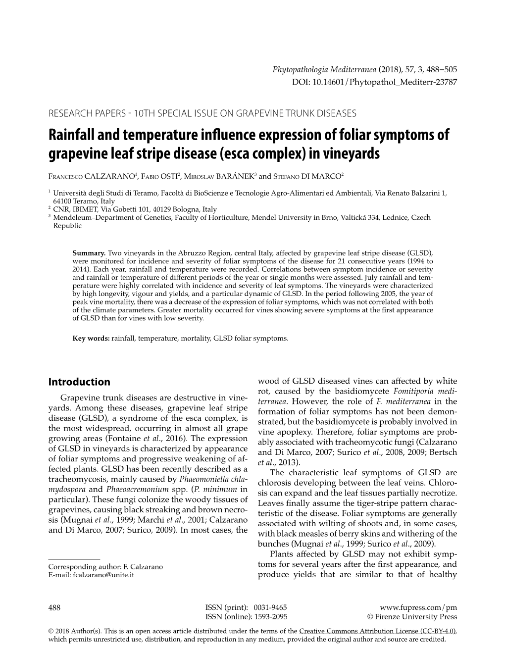 Rainfall and Temperature Influence Expression of Foliar Symptoms of Grapevine Leaf Stripe Disease (Esca Complex) in Vineyards