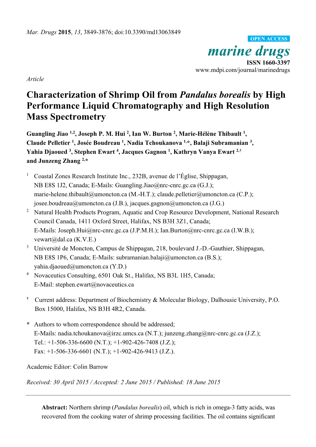 Characterization of Shrimp Oil from Pandalus Borealis by High Performance Liquid Chromatography and High Resolution Mass Spectrometry