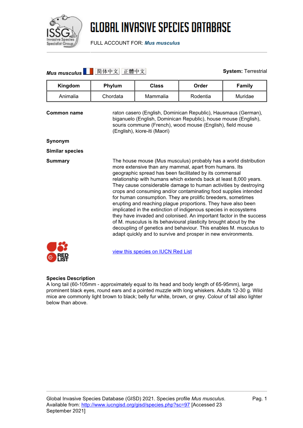 (GISD) 2021. Species Profile Mus Musculus. Available From