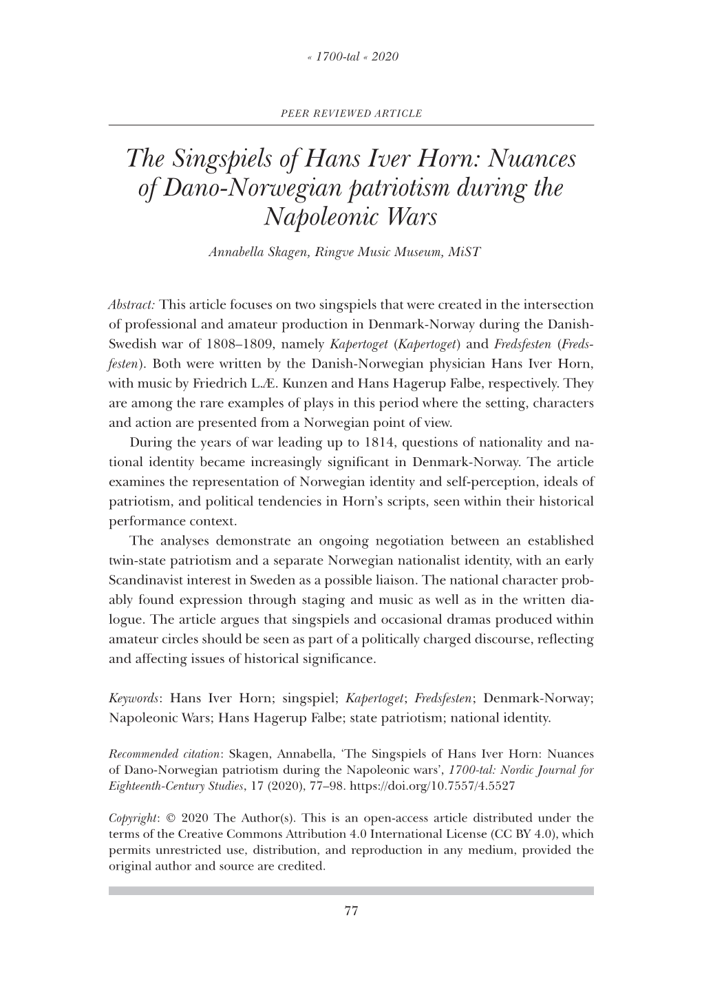 The Singspiels of Hans Iver Horn: Nuances of Dano-Norwegian Patriotism During the Napoleonic Wars