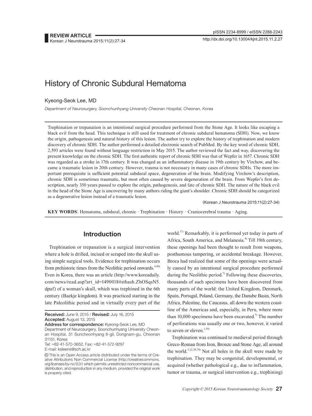 History of Chronic Subdural Hematoma