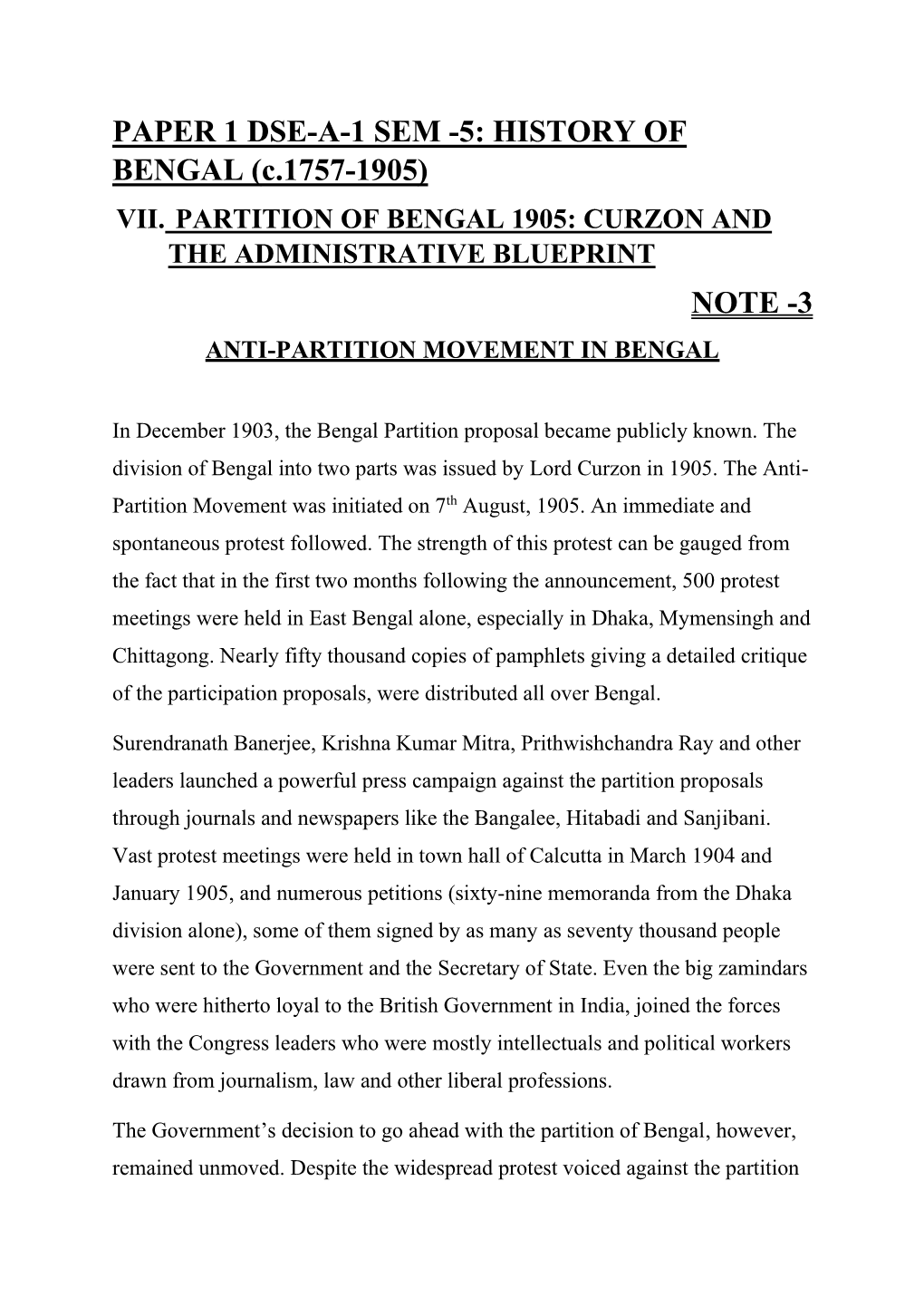 PAPER 1 DSE-A-1 SEM -5: HISTORY of BENGAL (C.1757-1905) NOTE -3