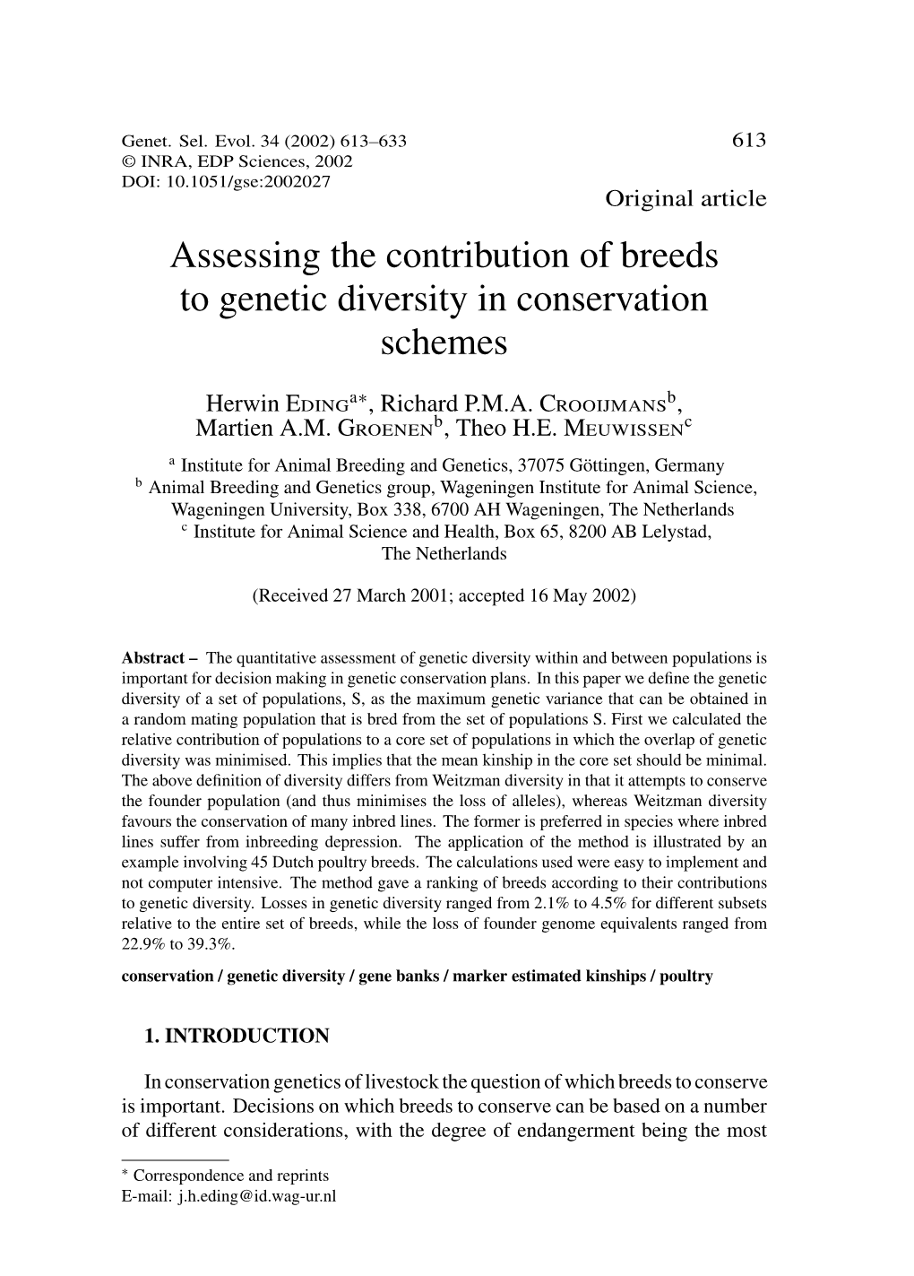 Assessing the Contribution of Breeds to Genetic Diversity in Conservation Schemes