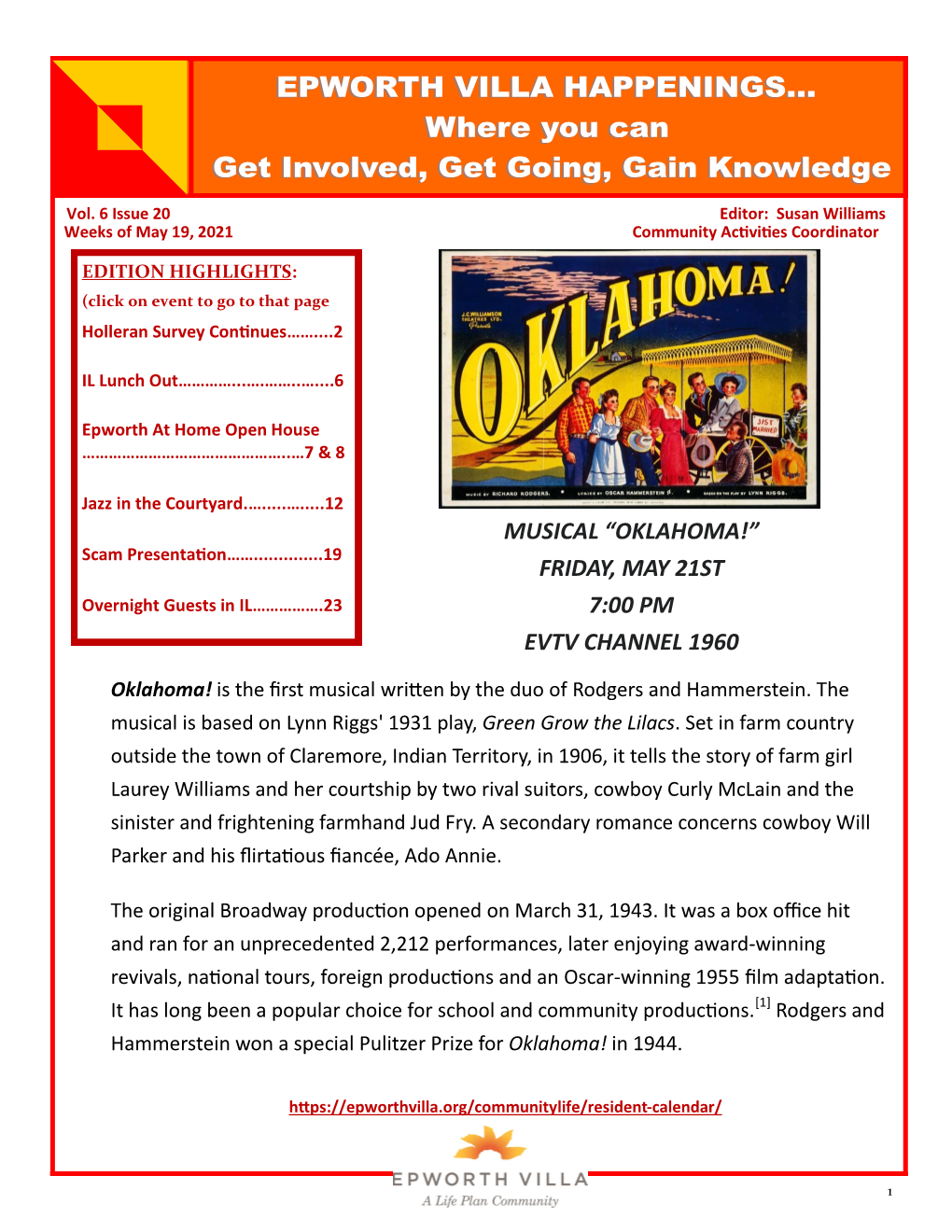 Musical “Oklahoma!” Friday, May 21St 7:00