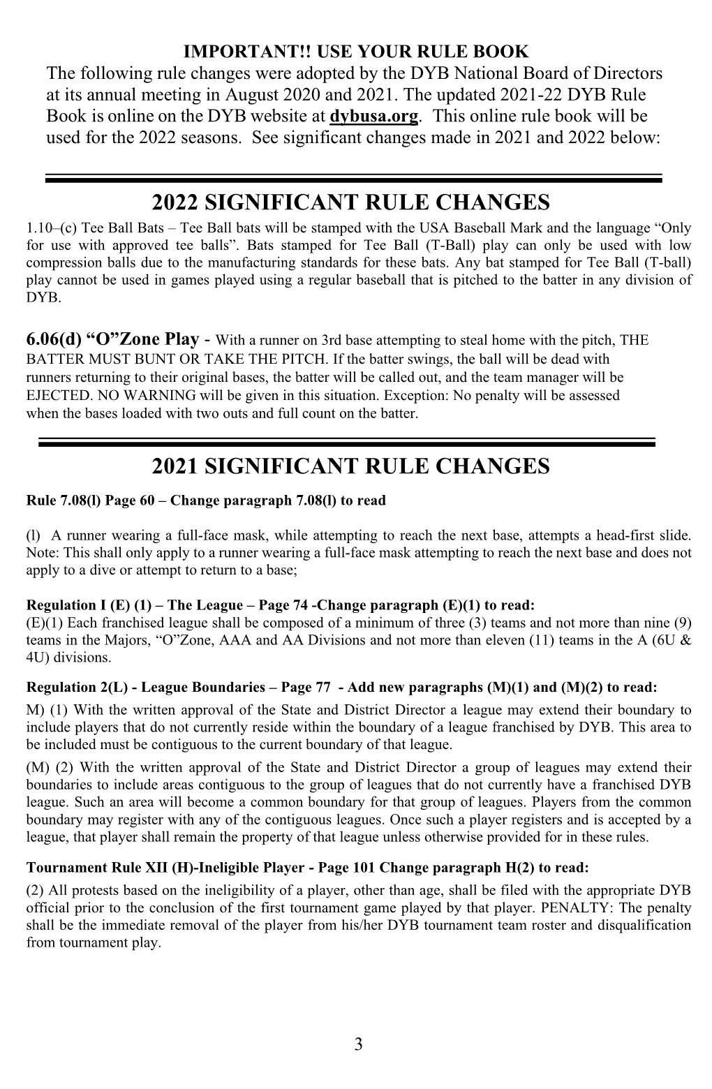 2022 Significant Rule Changes