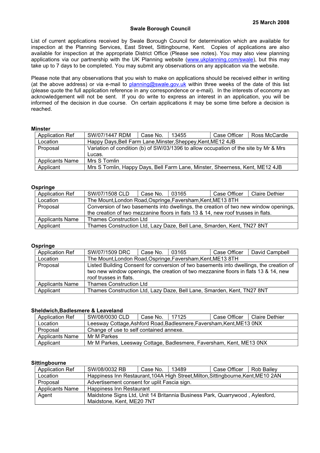25 March 2008 Swale Borough Council List of Current Applications