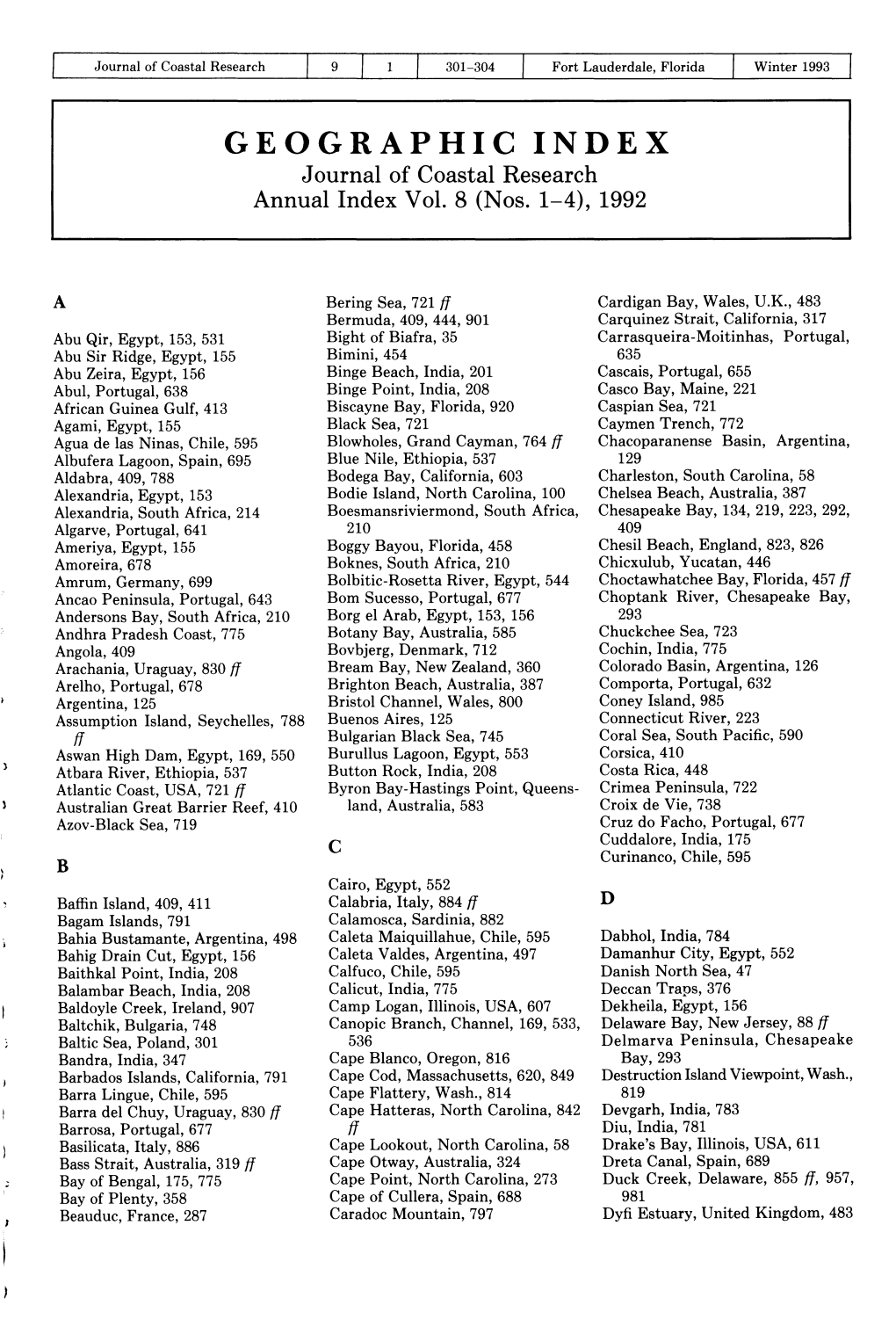 GEOGRAPHIC INDEX Journal of Coastal Research Annual Index Vol