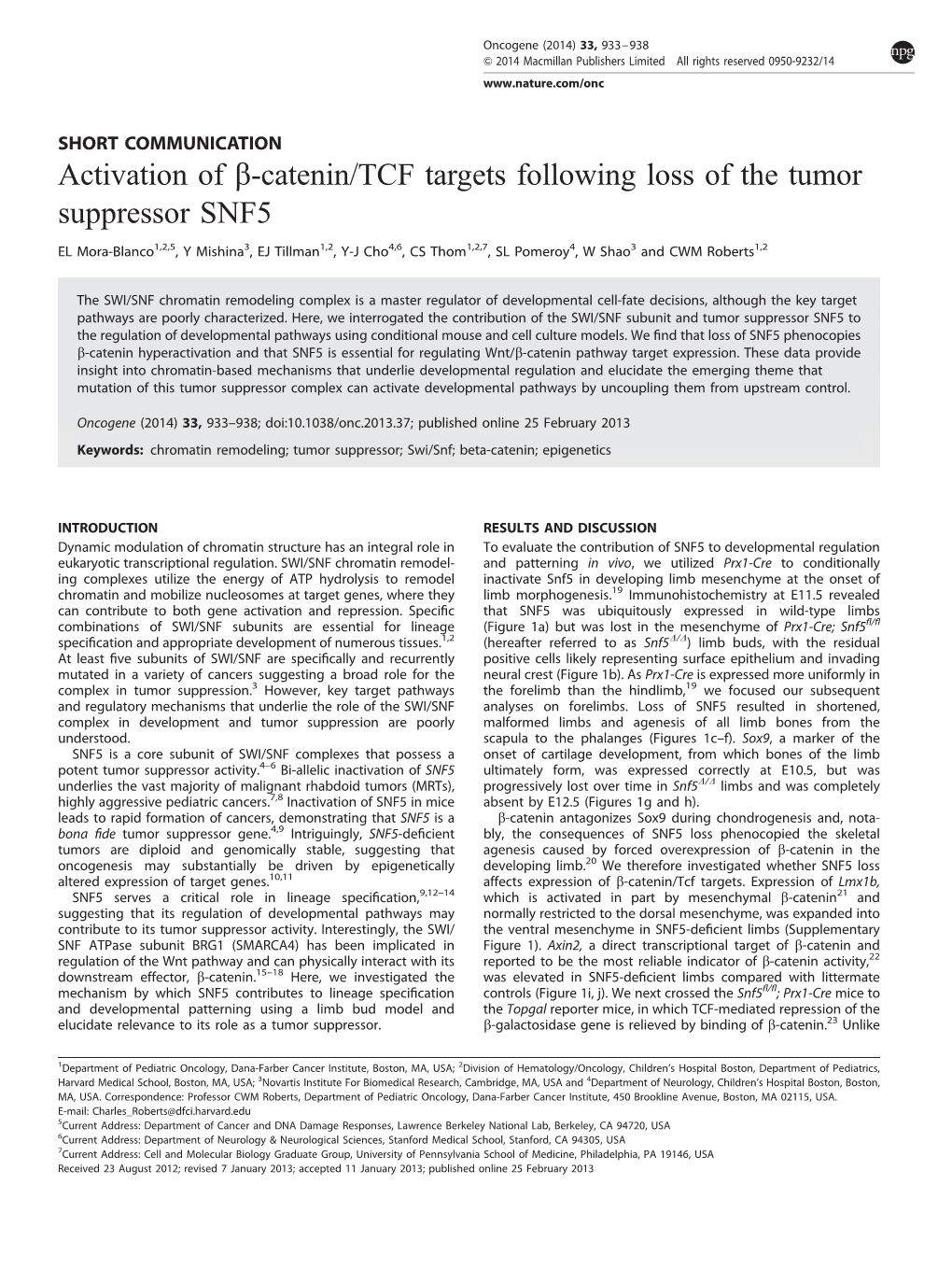 TCF Targets Following Loss of the Tumor Suppressor SNF5