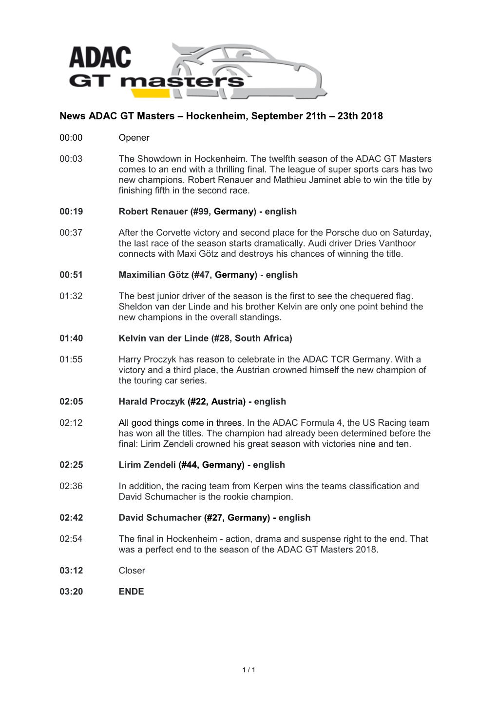 News ADAC GT Masters – Hockenheim, September 21Th – 23Th 2018