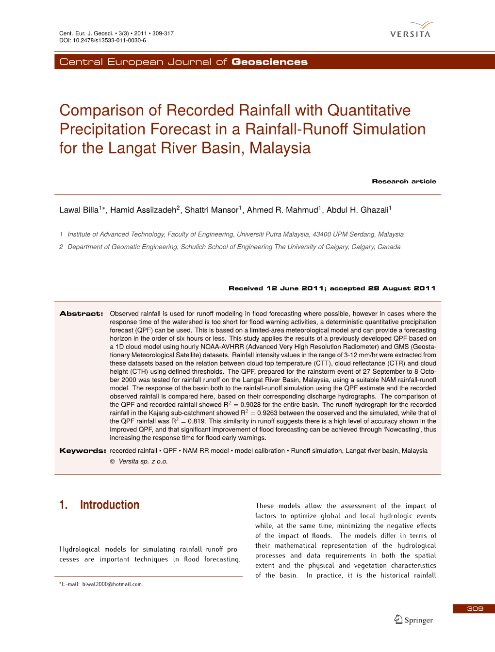 Comparison of Recorded Rainfall with Quantitative Precipitation Forecast in a Rainfall-Runoﬀ Simulation for the Langat River Basin, Malaysia