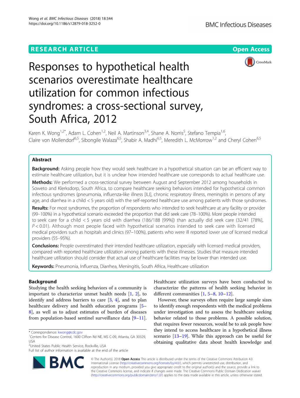 Responses to Hypothetical Health Scenarios Overestimate Healthcare Utilization for Common Infectious Syndromes: a Cross-Sectional Survey, South Africa, 2012 Karen K