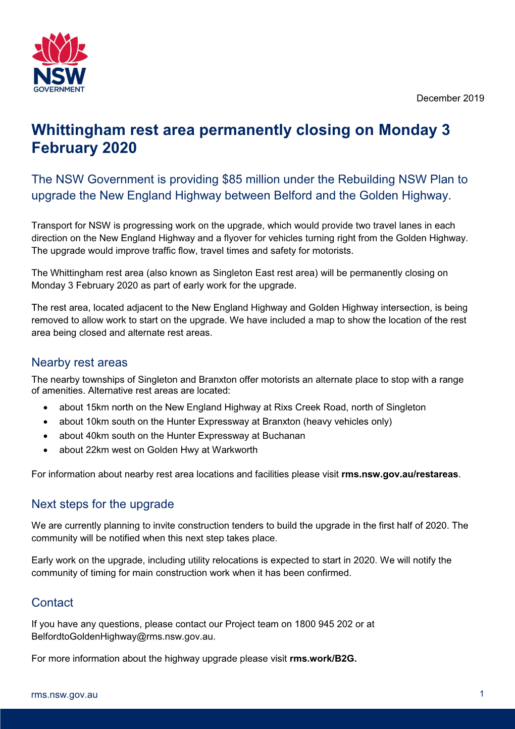 Whittngham Rest Area Pernanently Closing on Monday 3 February 2020