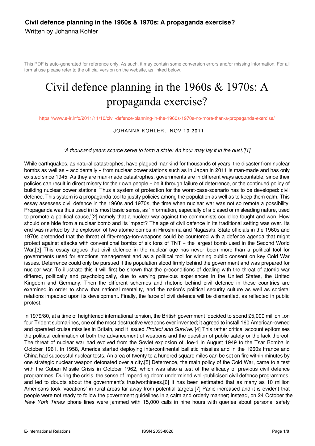 Civil Defence Planning in the 1960S & 1970S: a Propaganda Exercise?