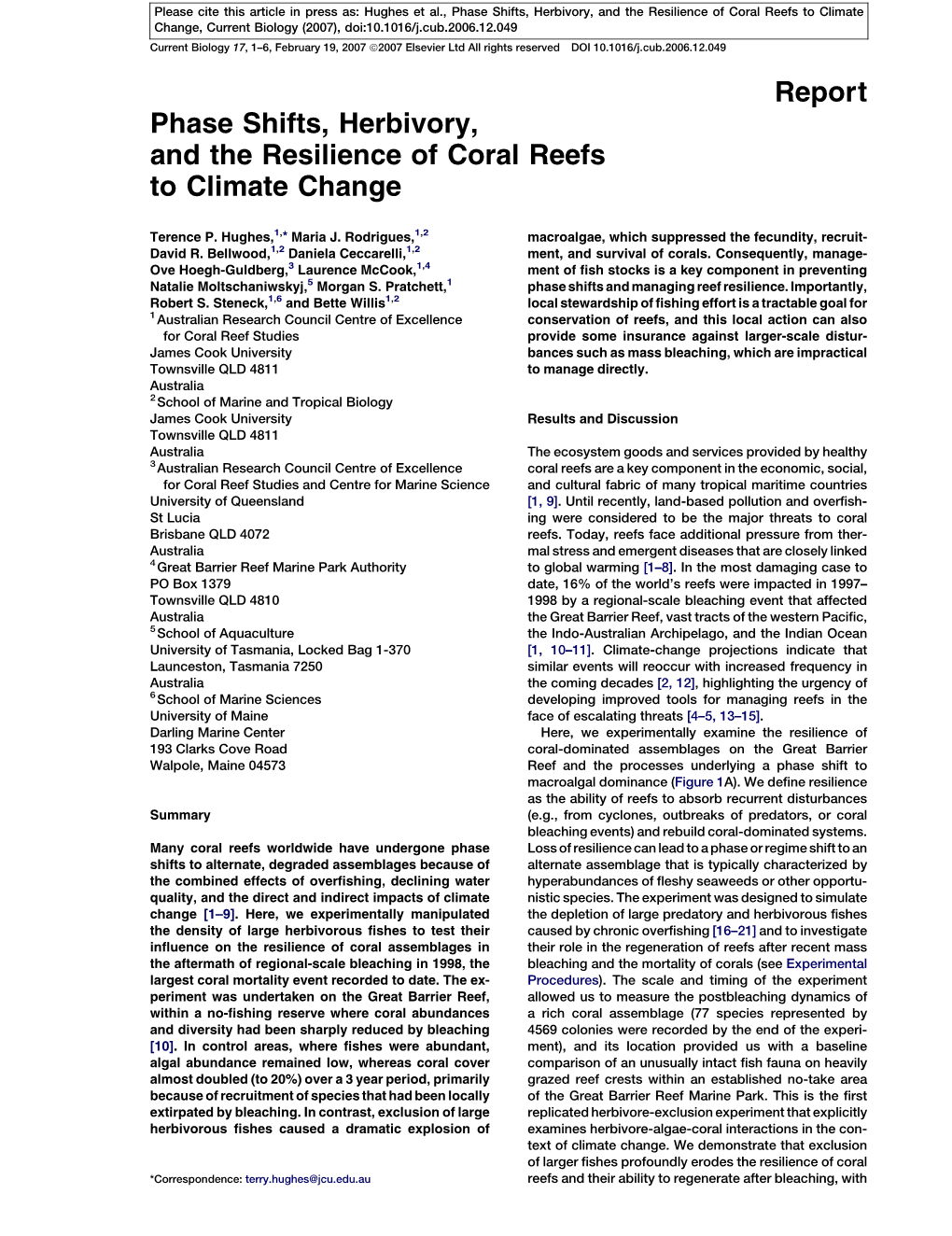 Report Phase Shifts, Herbivory, and the Resilience of Coral Reefs to Climate Change