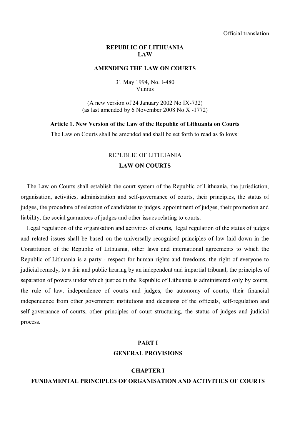 Official Translation REPUBLIC of LITHUANIA LAW AMENDING THE