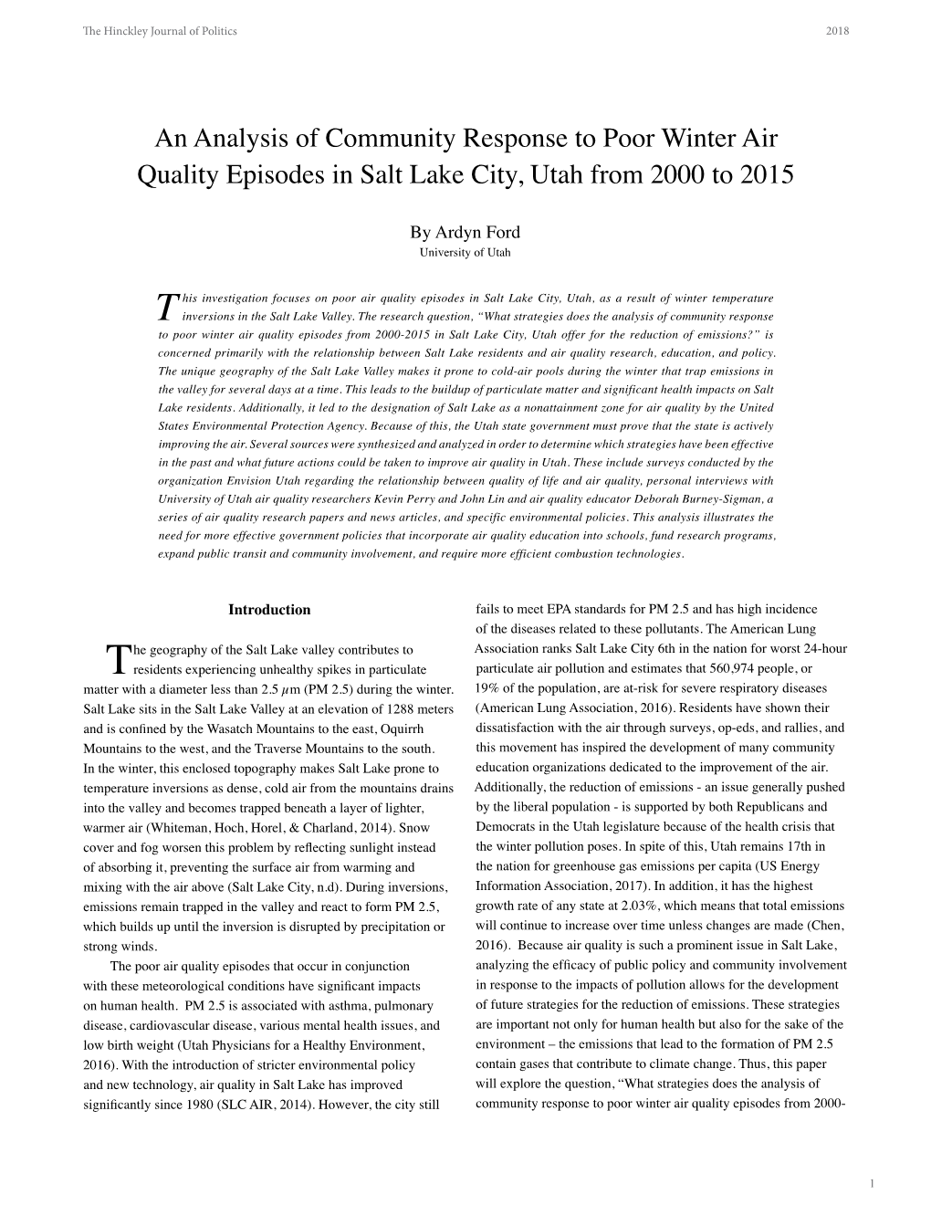 An Analysis of Community Response to Poor Winter Air Quality Episodes in Salt Lake City, Utah from 2000 to 2015