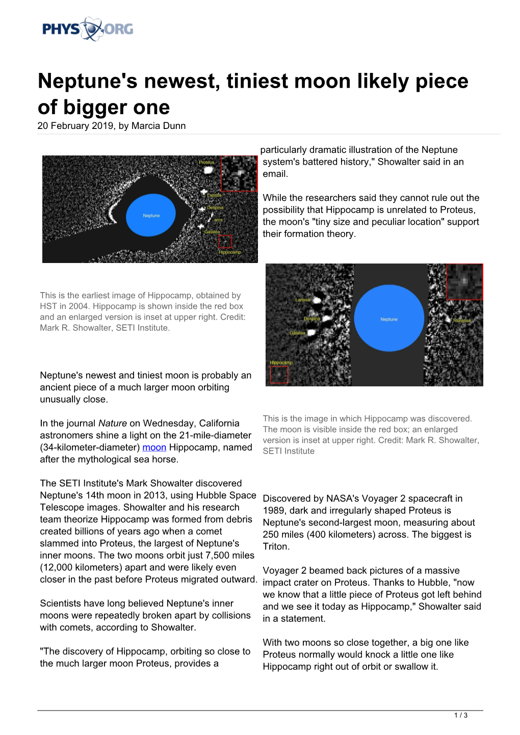 Neptune's Newest, Tiniest Moon Likely Piece of Bigger One 20 February 2019, by Marcia Dunn