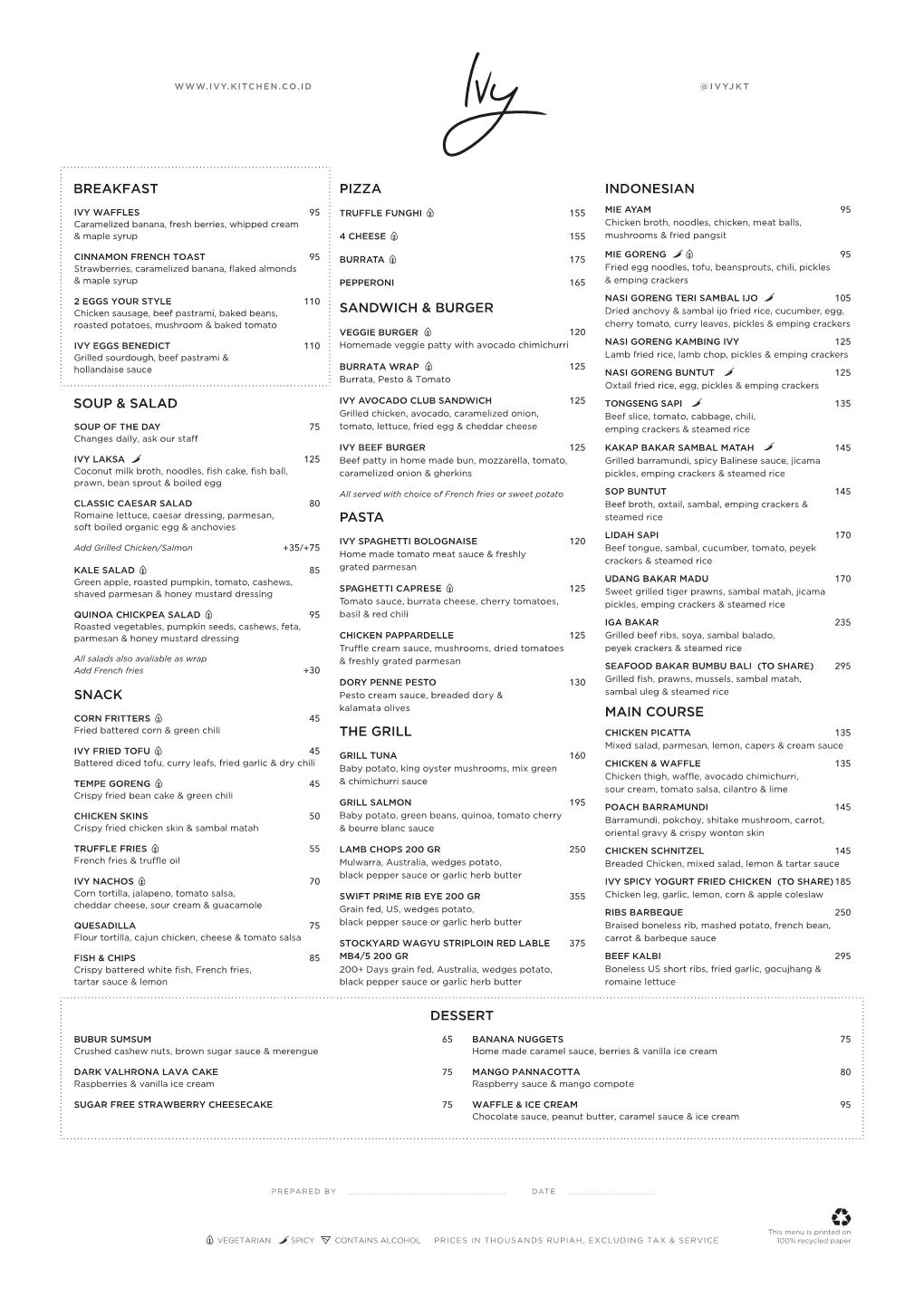 (A3) #146 Ivy All Day Dining Menu