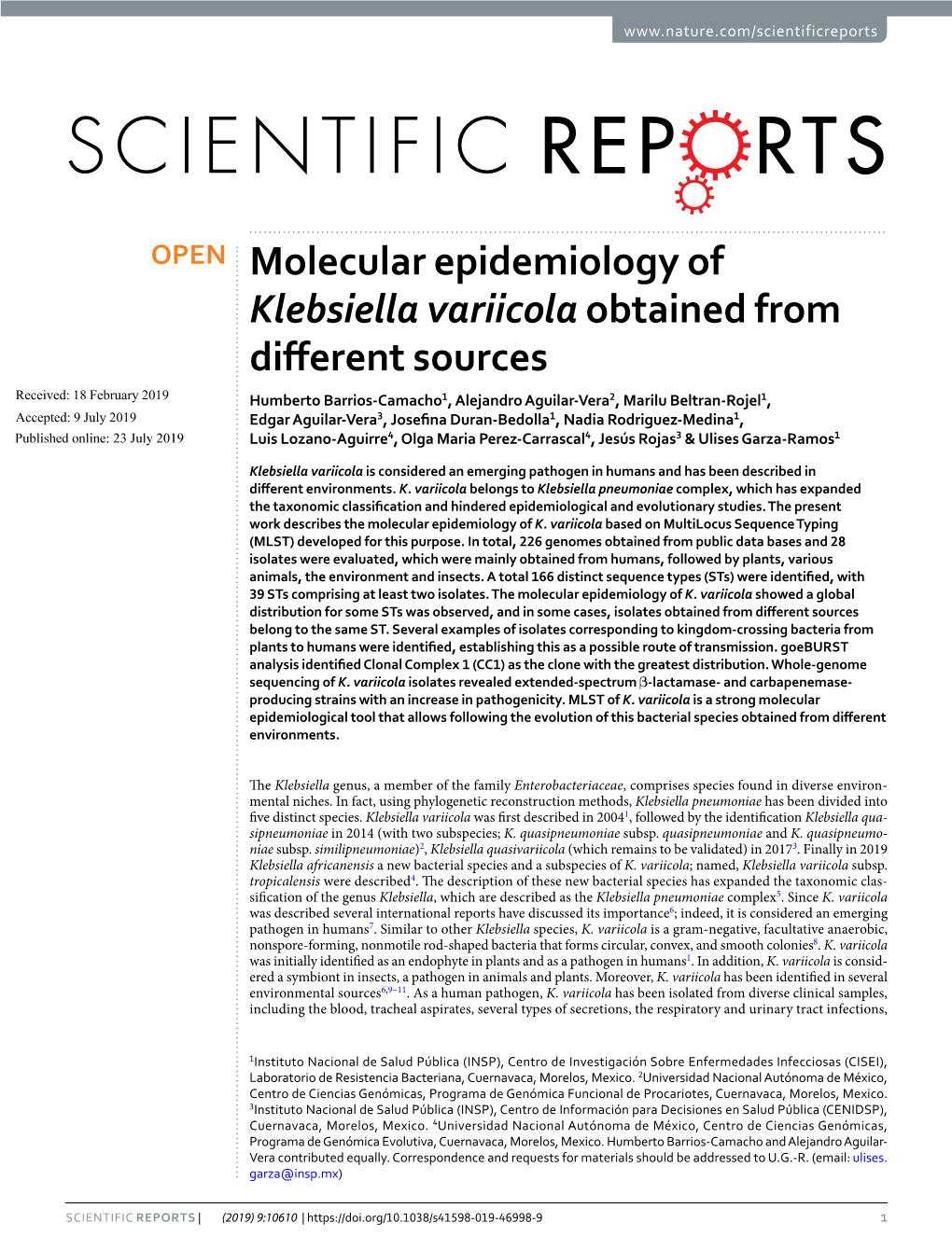 Molecular Epidemiology of Klebsiella Variicola Obtained from Different