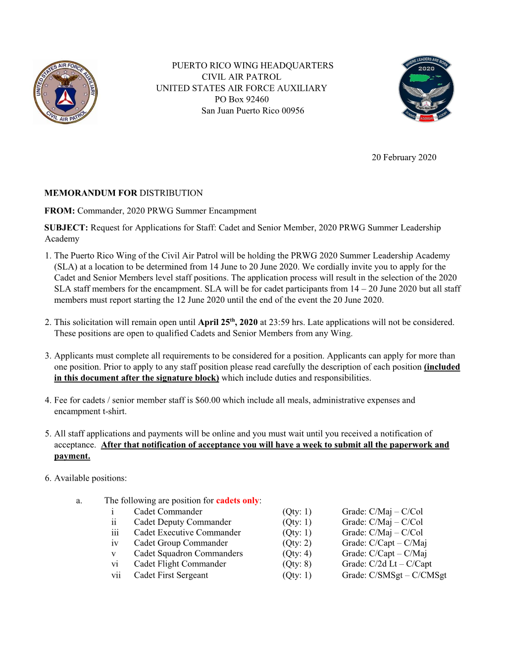 PUERTO RICO WING HEADQUARTERS CIVIL AIR PATROL UNITED STATES AIR FORCE AUXILIARY PO Box 92460 San Juan Puerto Rico 00956 20 Febr