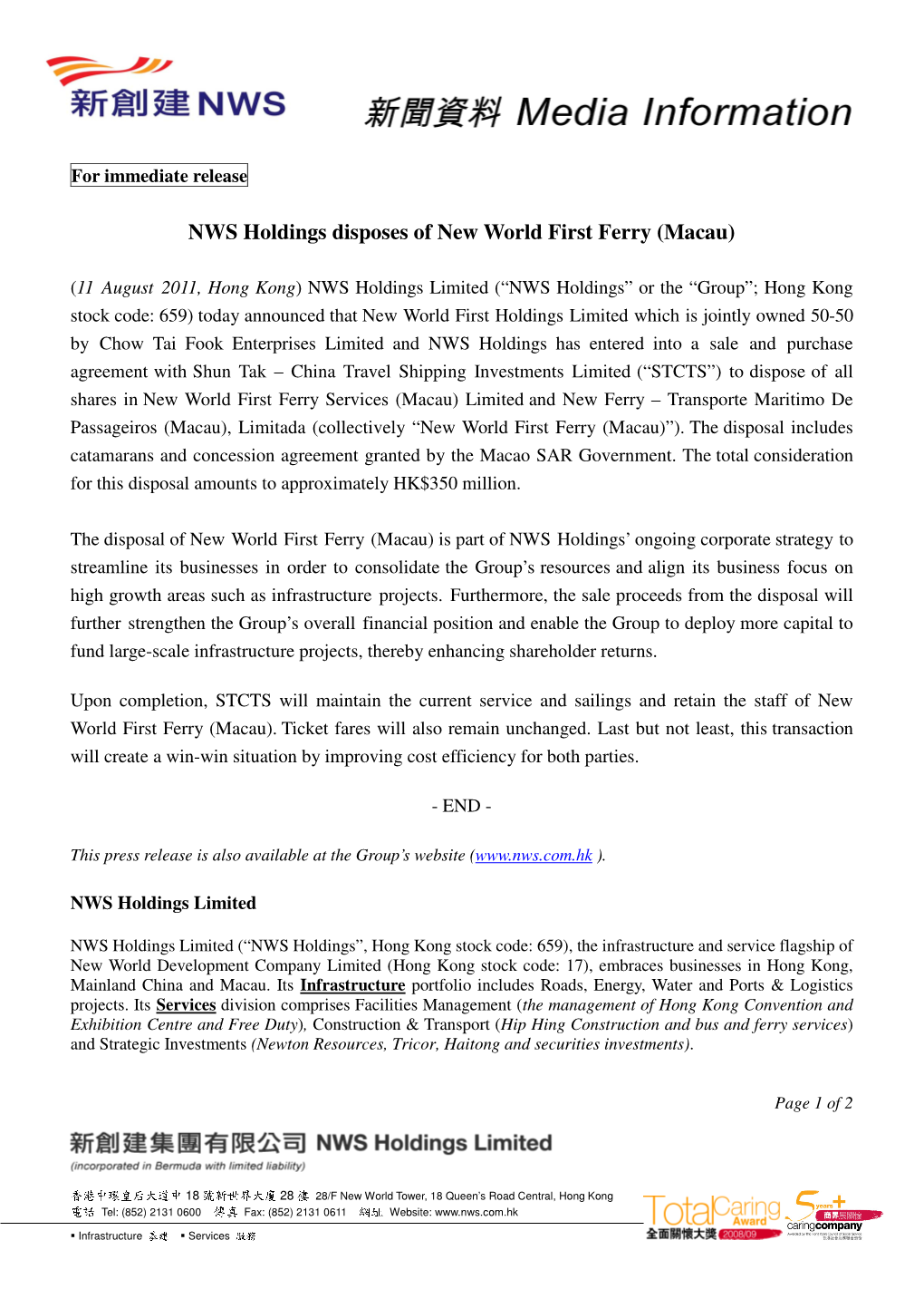 NWS Holdings Disposes of New World First Ferry (Macau)