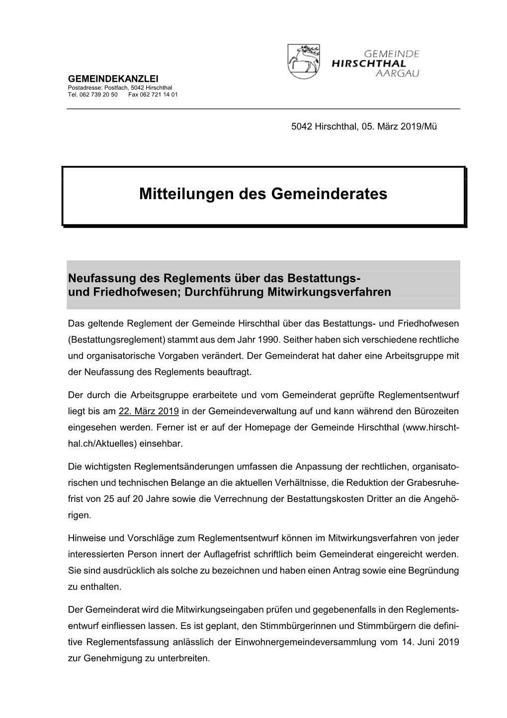 Mitteilungen Des Gemeinderates