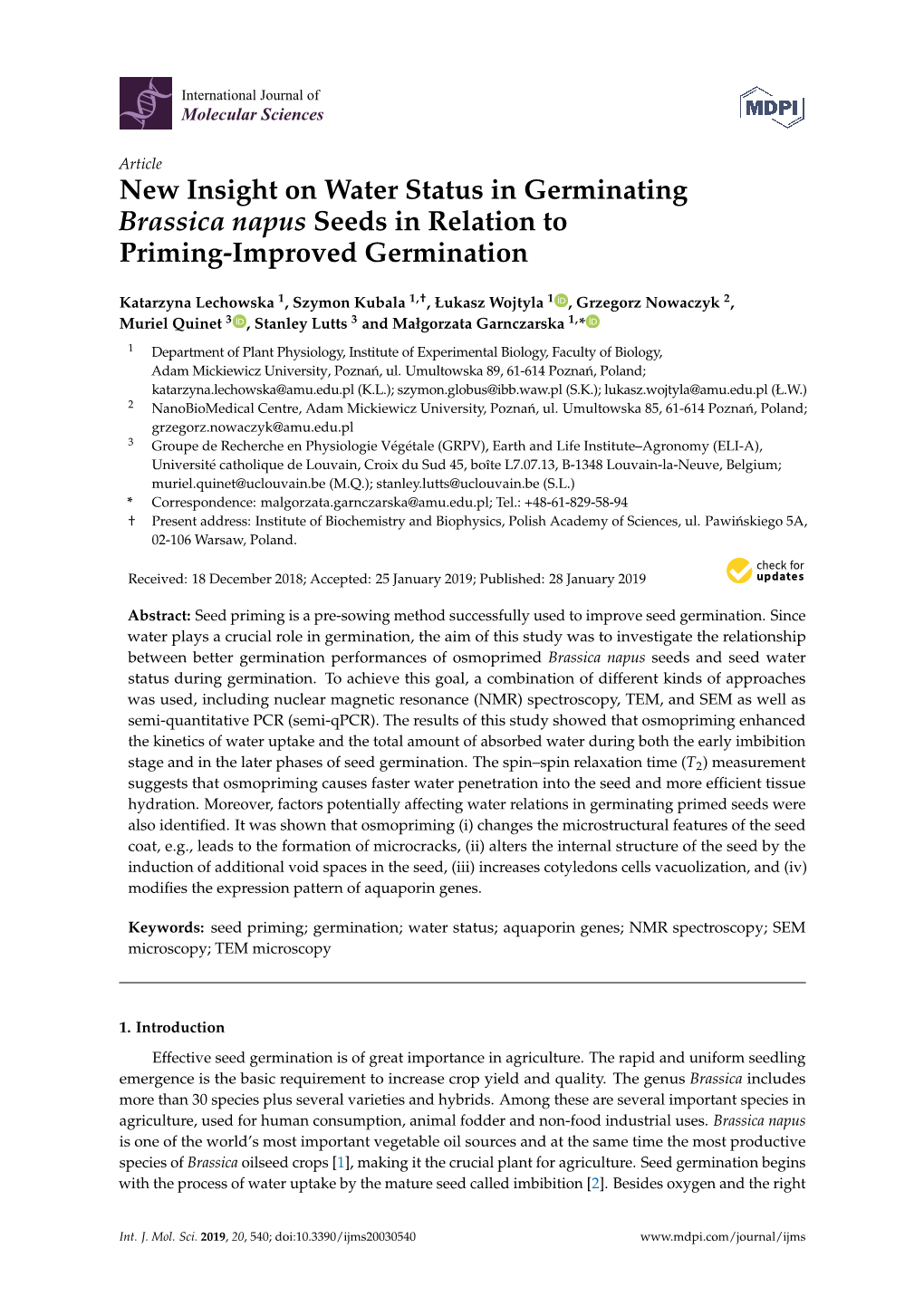New Insight on Water Status in Germinating Brassica Napus Seeds in Relation to Priming-Improved Germination