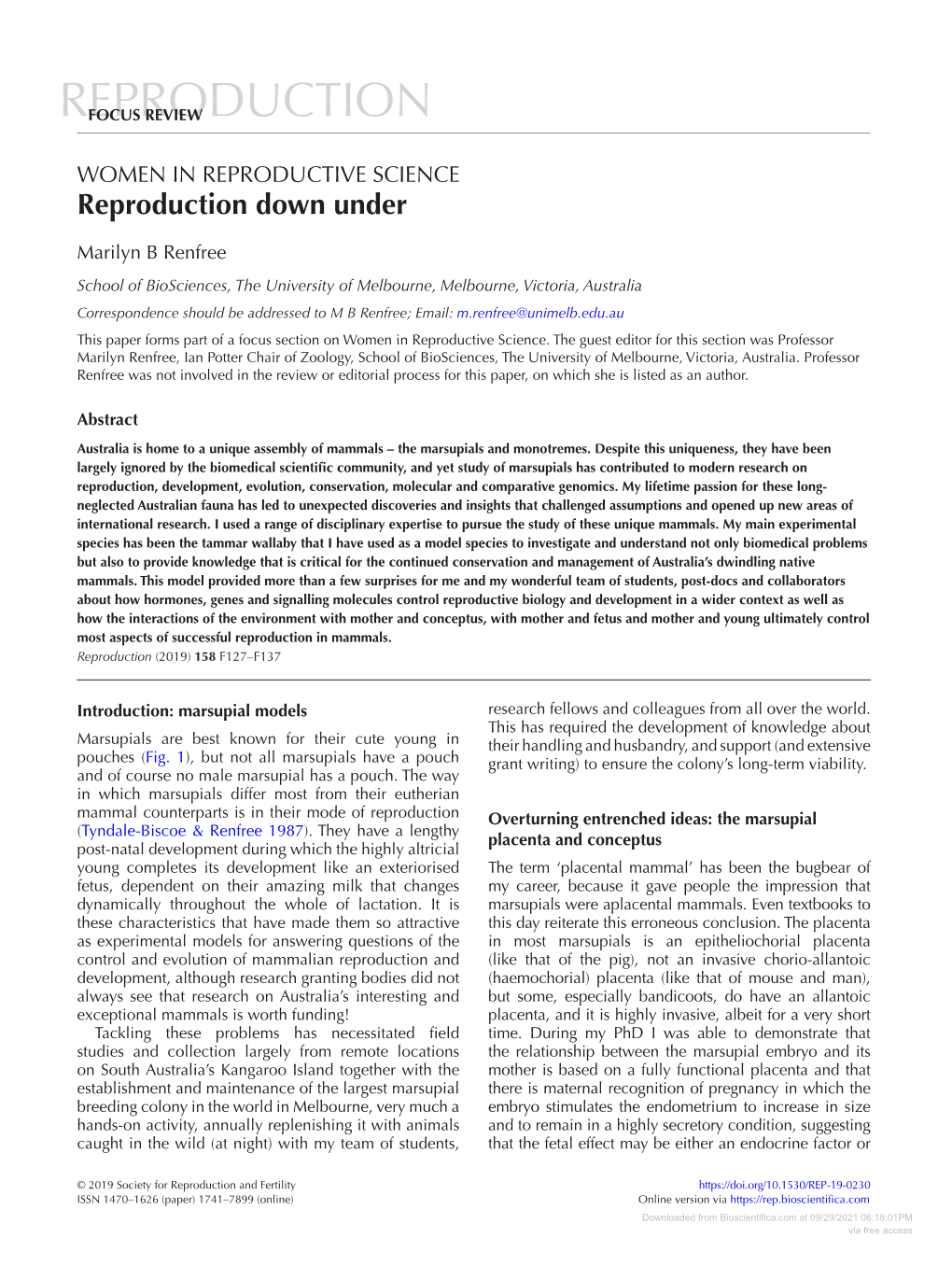 WOMEN in REPRODUCTIVE SCIENCE: Reproduction Down Under