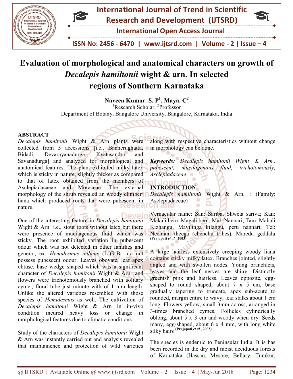 International Research Evaluation of Morphological and Ana Decalepis