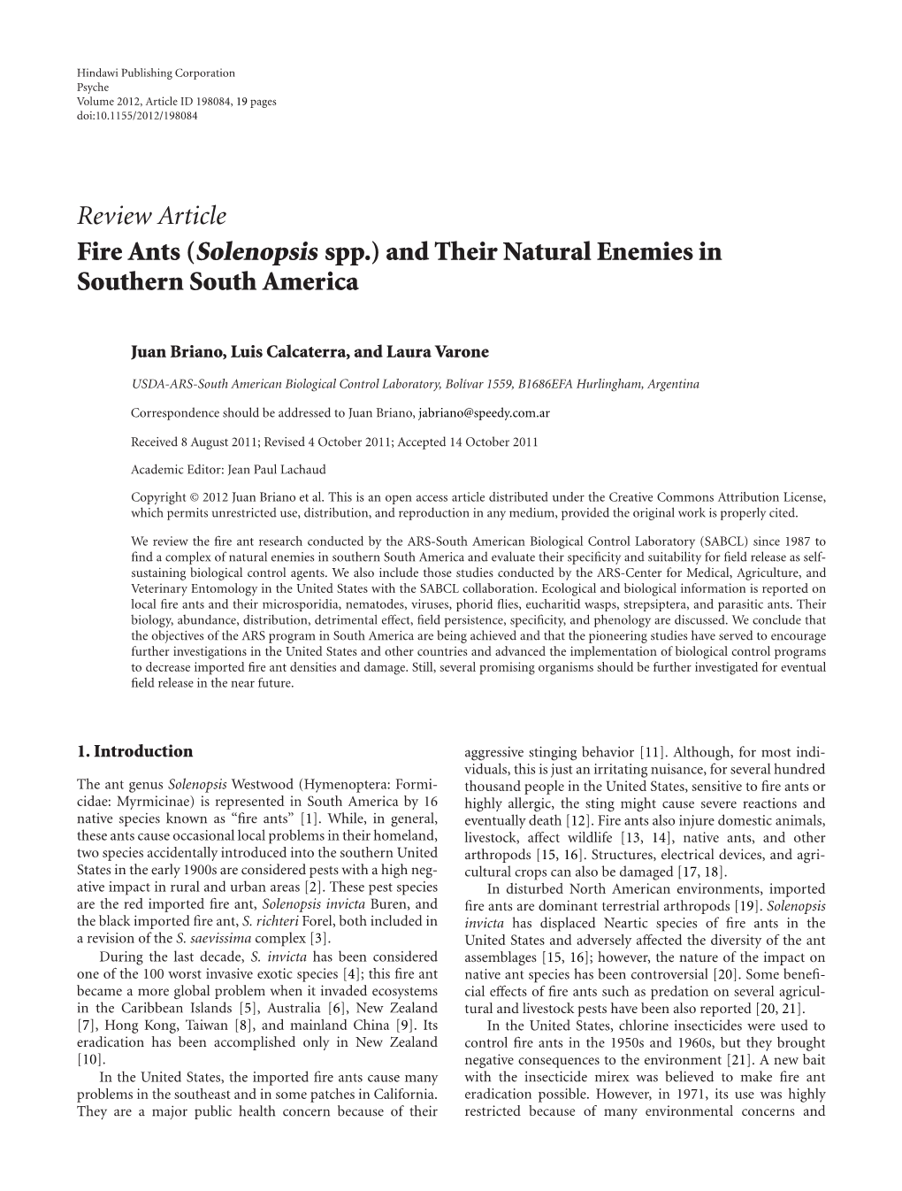 Fire Ants (Solenopsis Spp.) and Their Natural Enemies in Southern South America