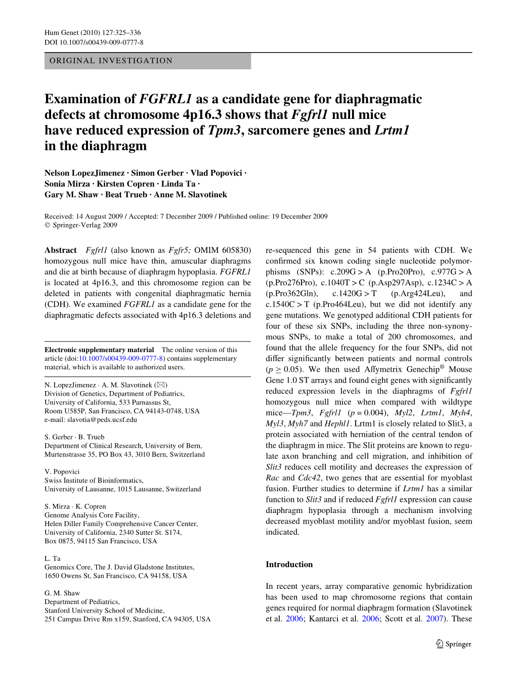 Examination of FGFRL1 As a Candidate Gene for Diaphragmatic