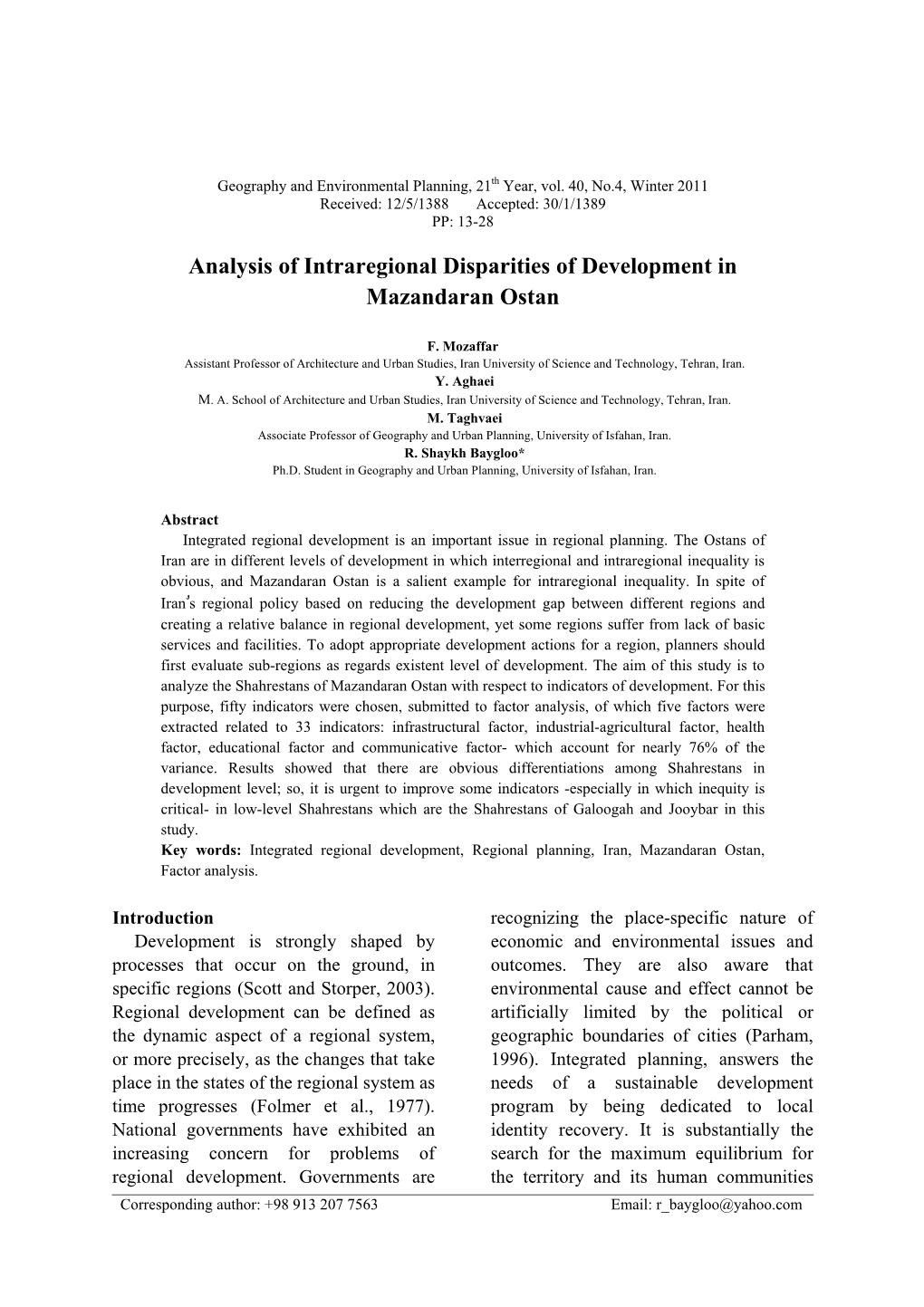 Analysis of Intraregional Disparities of Development in Mazandaran Ostan