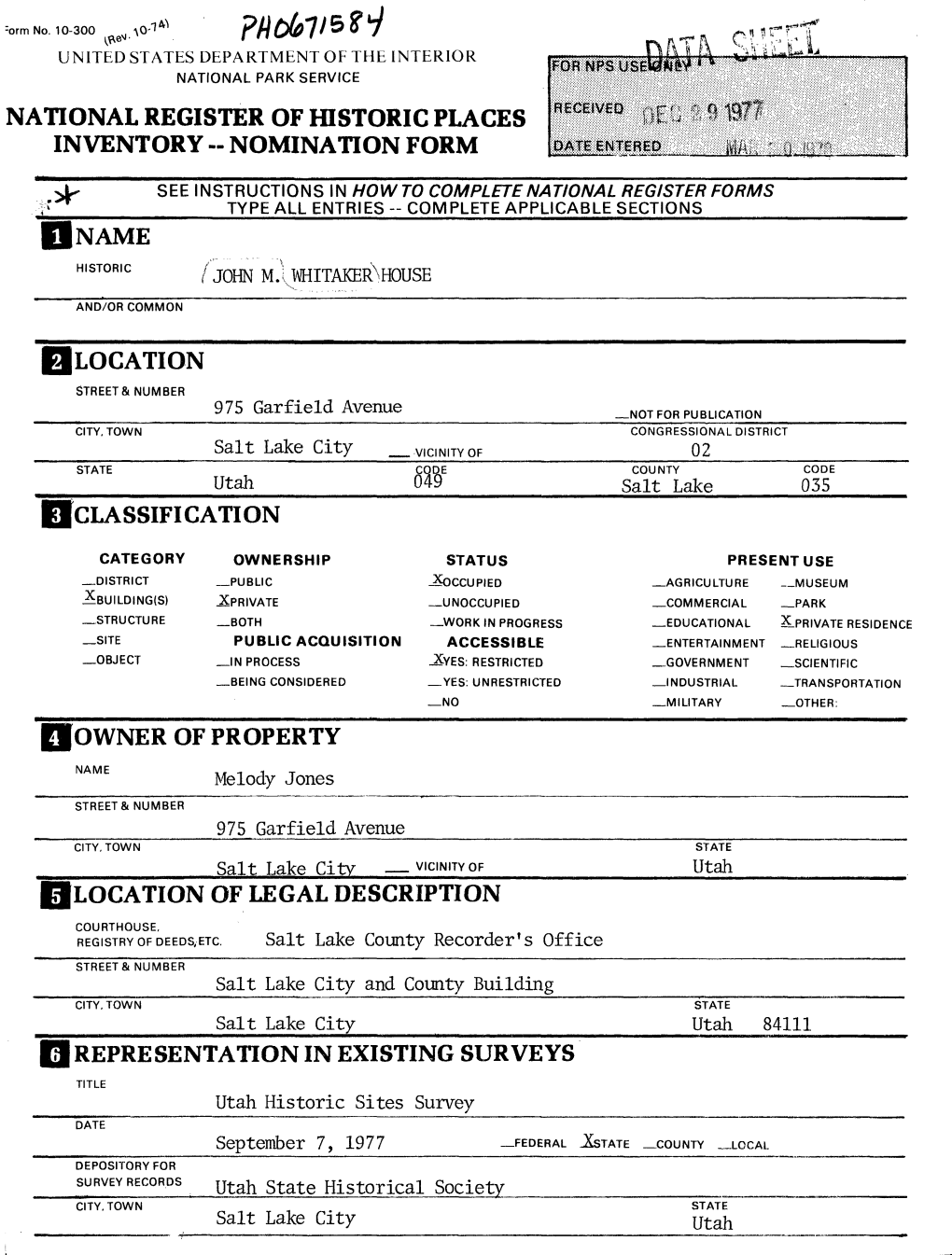 National Register of Historic Places Inventory - Nomination Form