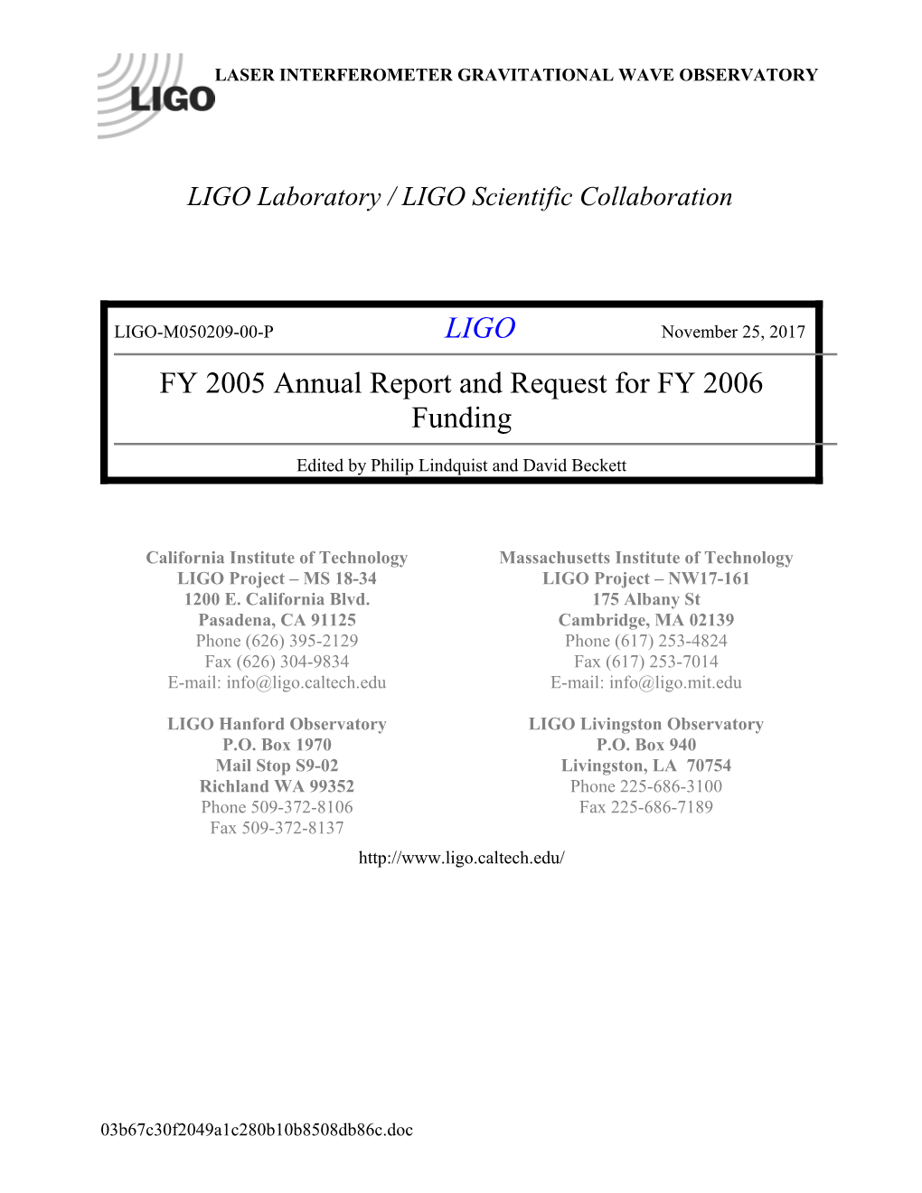 FY 2005 Annual Report And Request For FY 2006 Funds